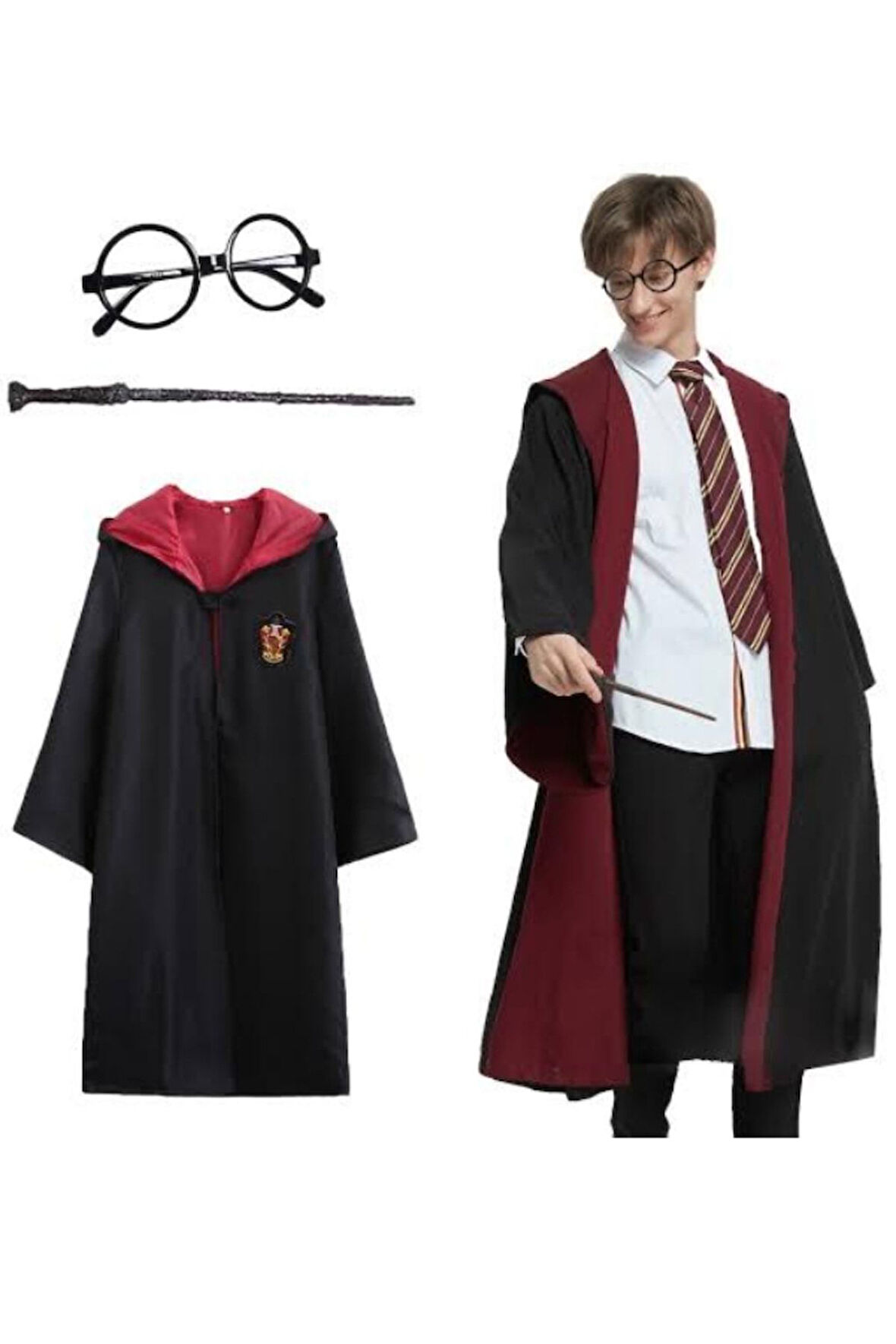 Harry Potter Gryffindor Kapişonlu Cübbe Çocuk Boy Asa Gözlük 3 Parça Set - 7-8 Yaş