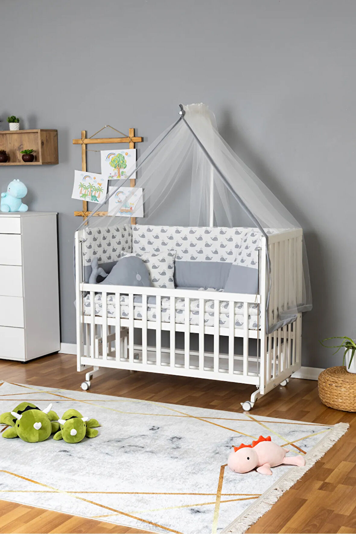 Ahşap Beşik Anne Yanı Beşik Beyaz 70x130 - Gri Balina Uyku Seti + Yataklı + Tekerlekli