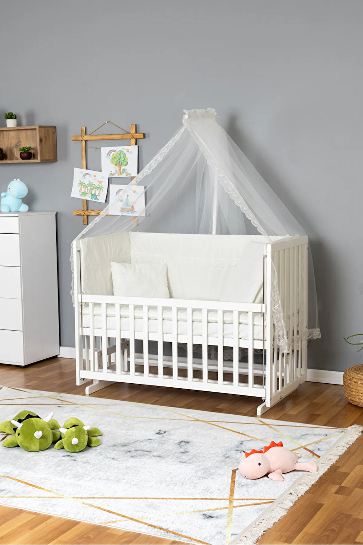 Ahşap Beşik Anne Yanı Beşik Beyaz 70x130 - Krem Güpür Uyku Seti + Yataklı