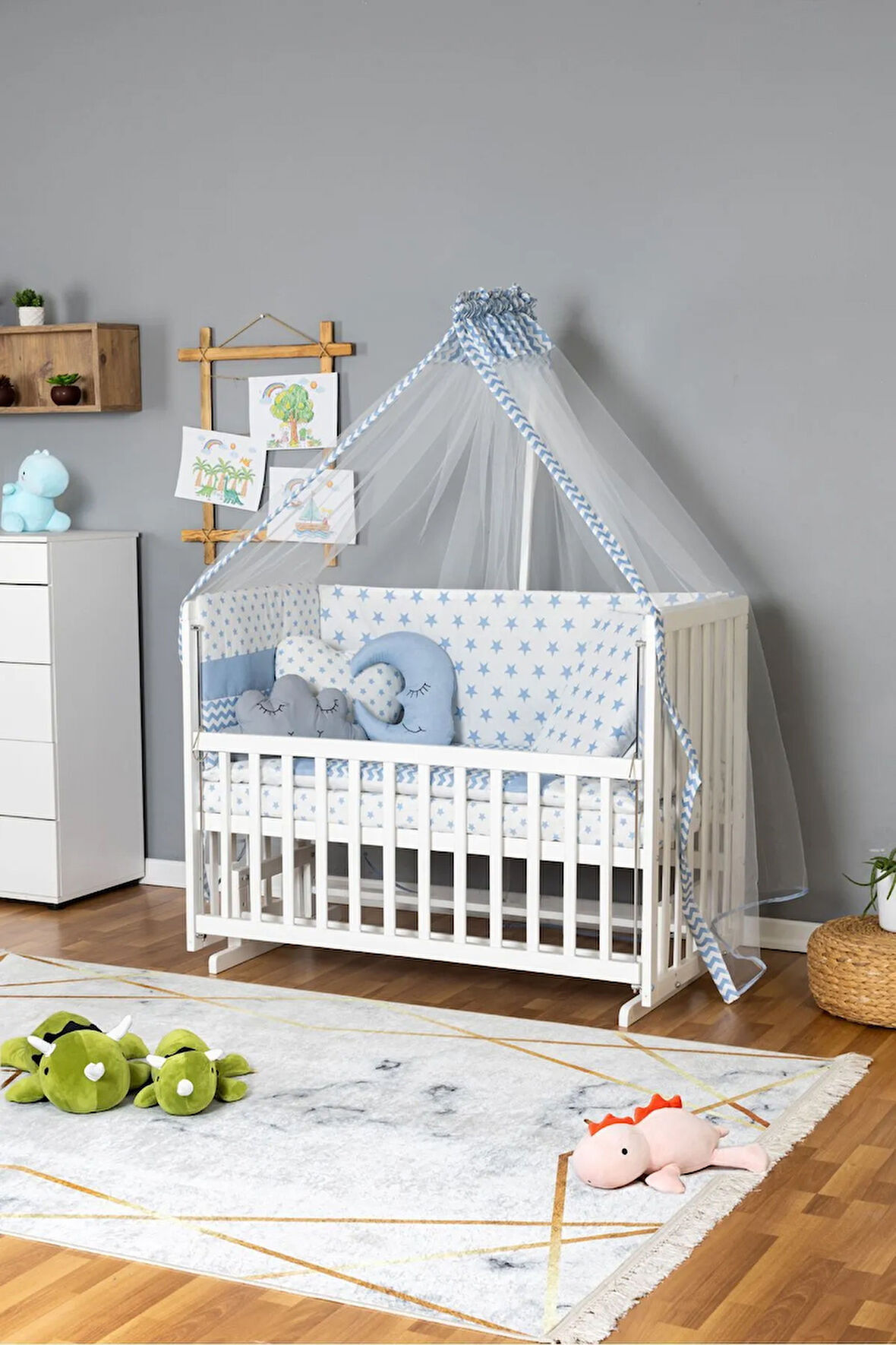 Ahşap Beşik Anne Yanı Beşik Beyaz 70x130 - Mavi Yıldız 3 Yastıklı Uyku Seti + Yataklı