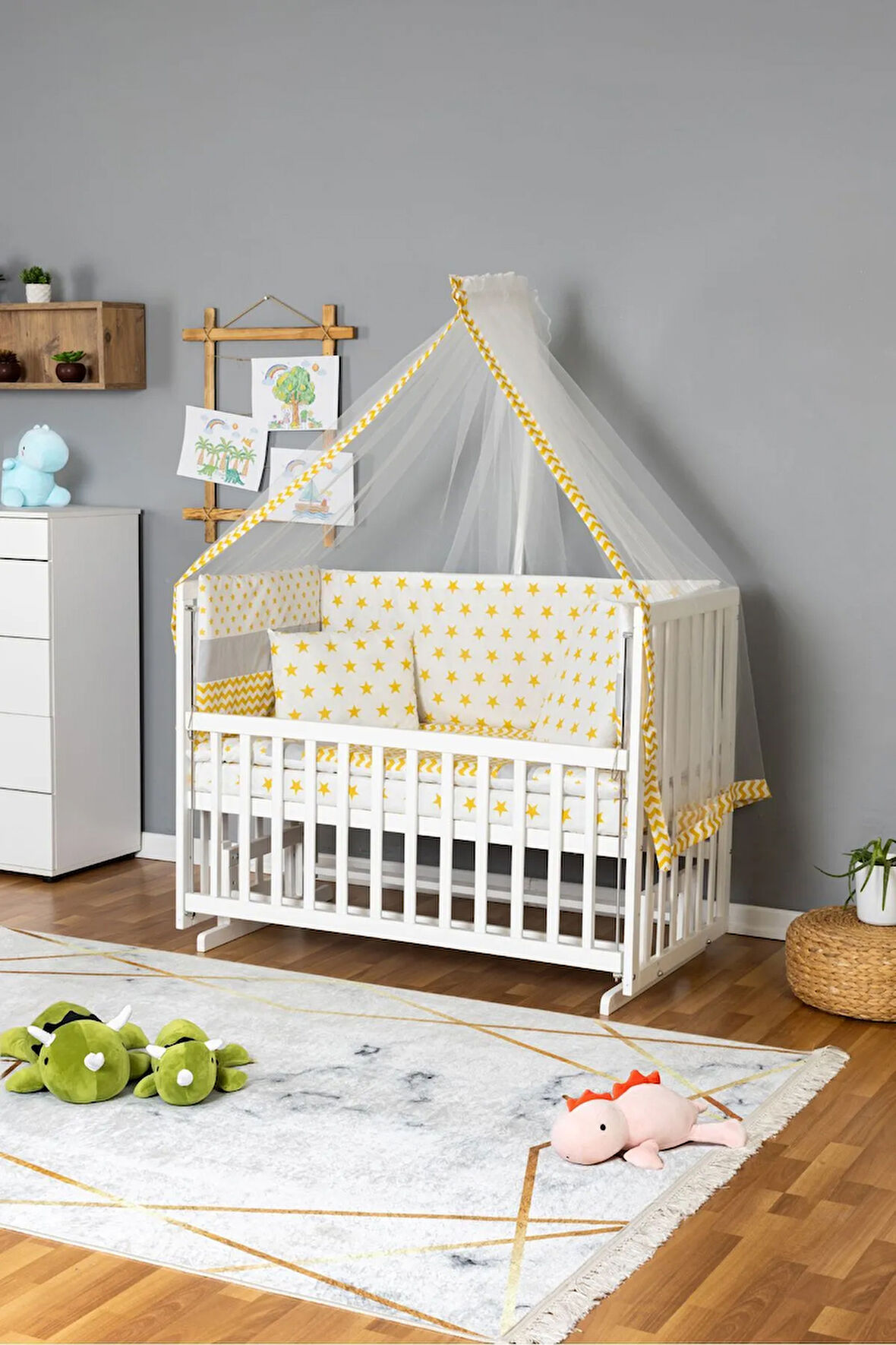 Ahşap Beşik Anne Yanı Beşik Beyaz 70x130 - Sarı Yıldız 1 Yastıklı Uyku Seti + Yataklı