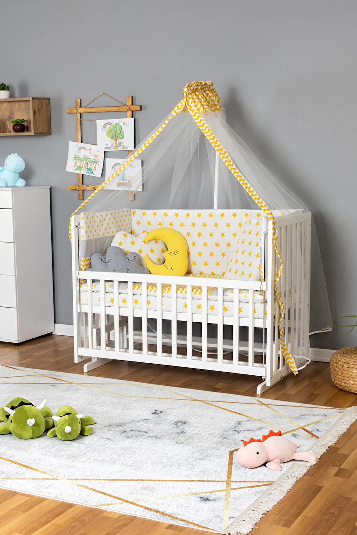 Ahşap Beşik Anne Yanı Beşik Beyaz 70x130 - Sarı Yıldız 3 Yastıklı Uyku Seti + Yataklı