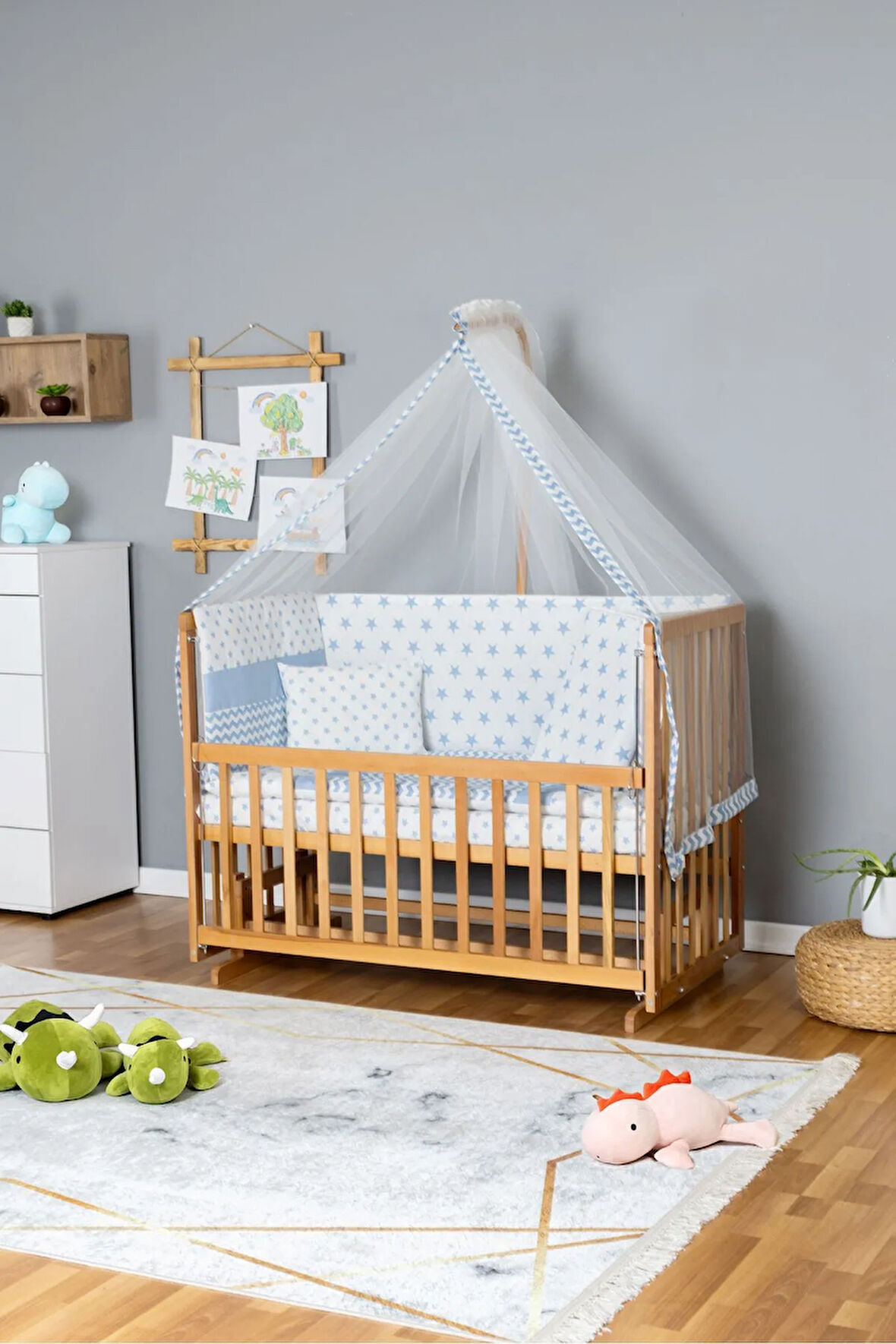 Ahşap Beşik Anne Yanı Beşik Vernikli 70x130 - Mavi Yıldız 1 Yastıklı Uyku Seti + Yataklı