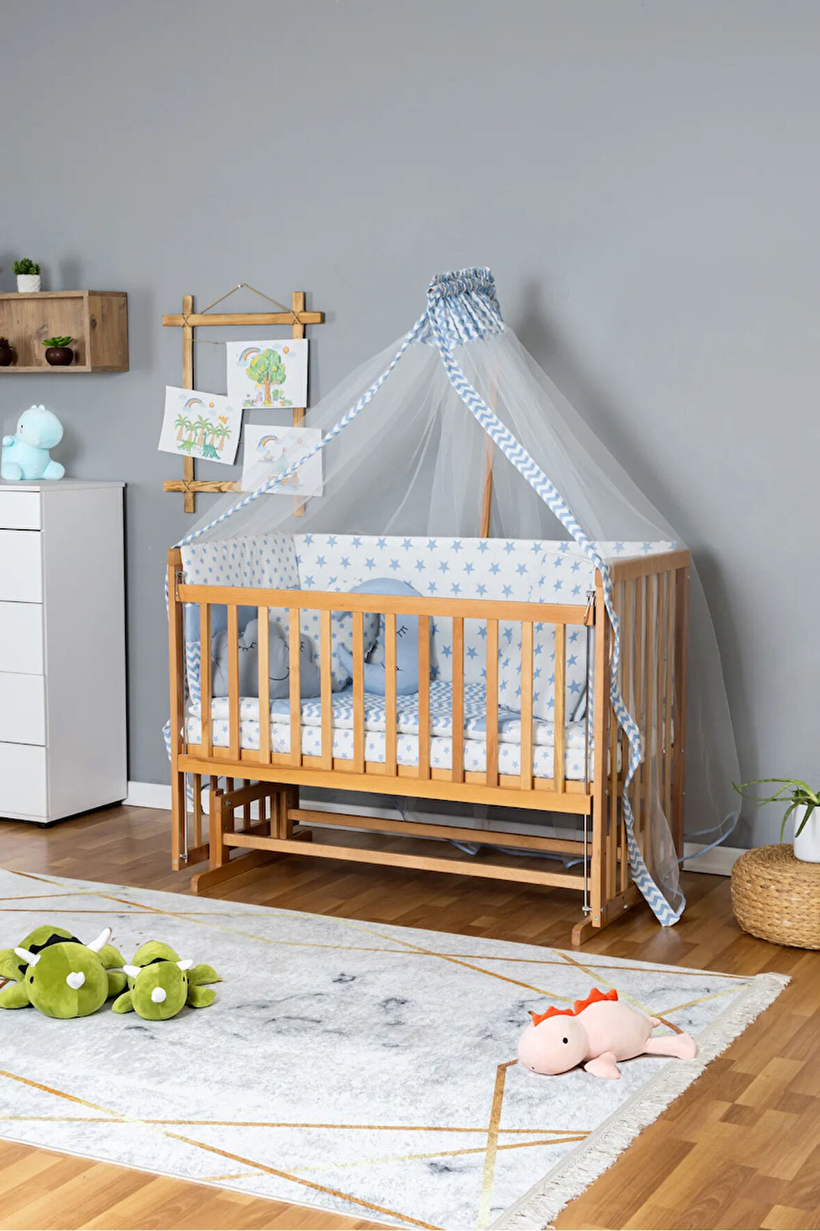 Ahşap Beşik Anne Yanı Beşik Vernikli 70x130 - Mavi Yıldız 3 Yastıklı Uyku Seti + Yataklı