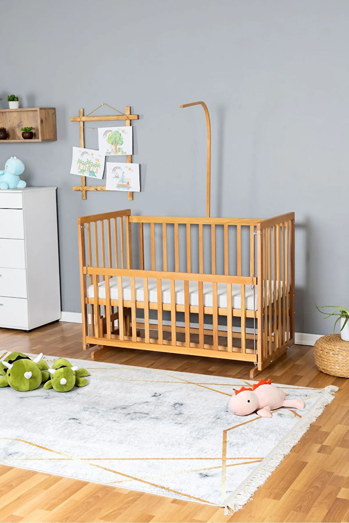 Ahşap Beşik Anne Yanı Beşik Vernikli 70x130 - Uyku Setsiz Tek Yataklı