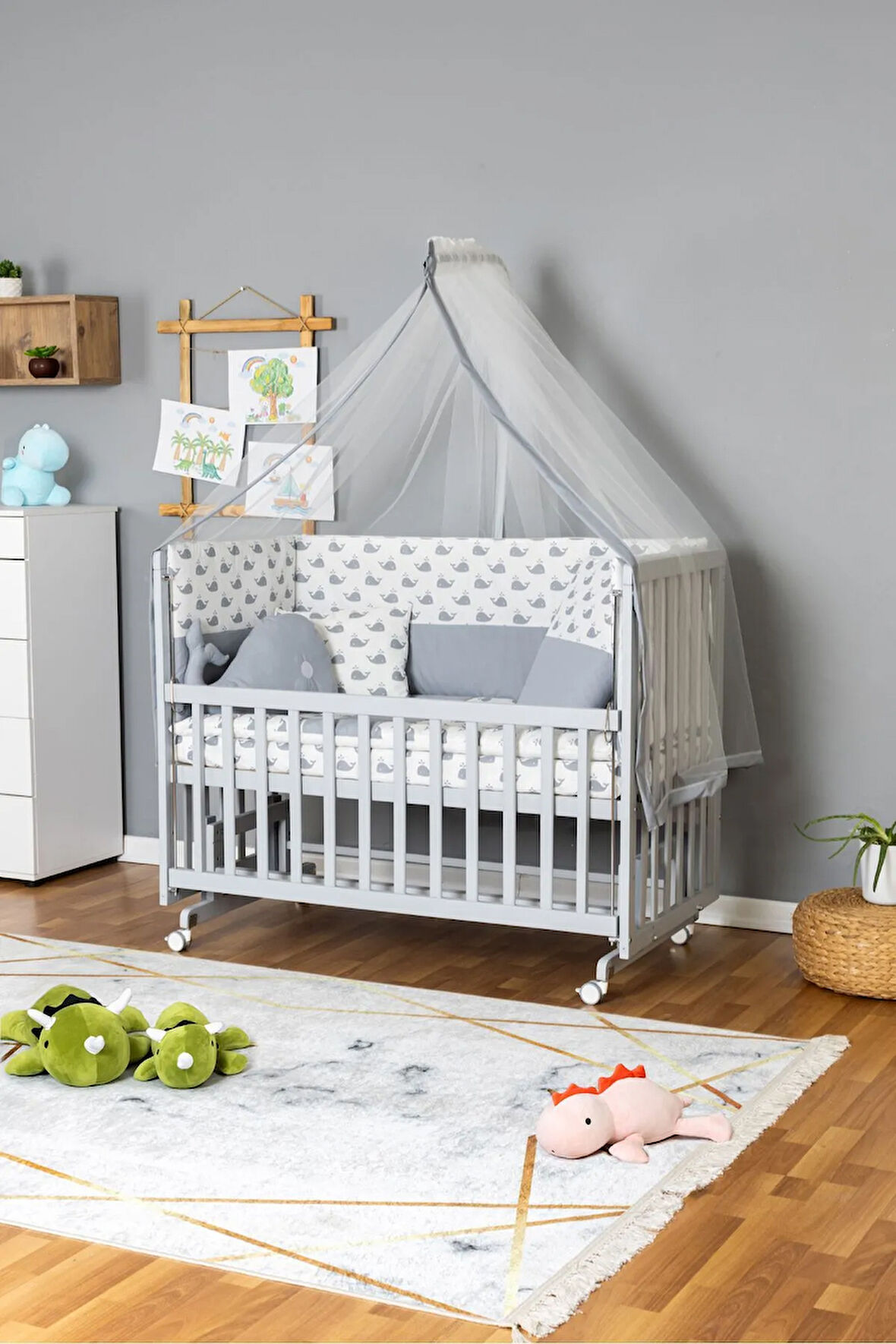 Ahşap Beşik Anne Yanı Beşik Gri 70x130 - Gri Balina Uyku Seti + Yataklı + Tekerlekli