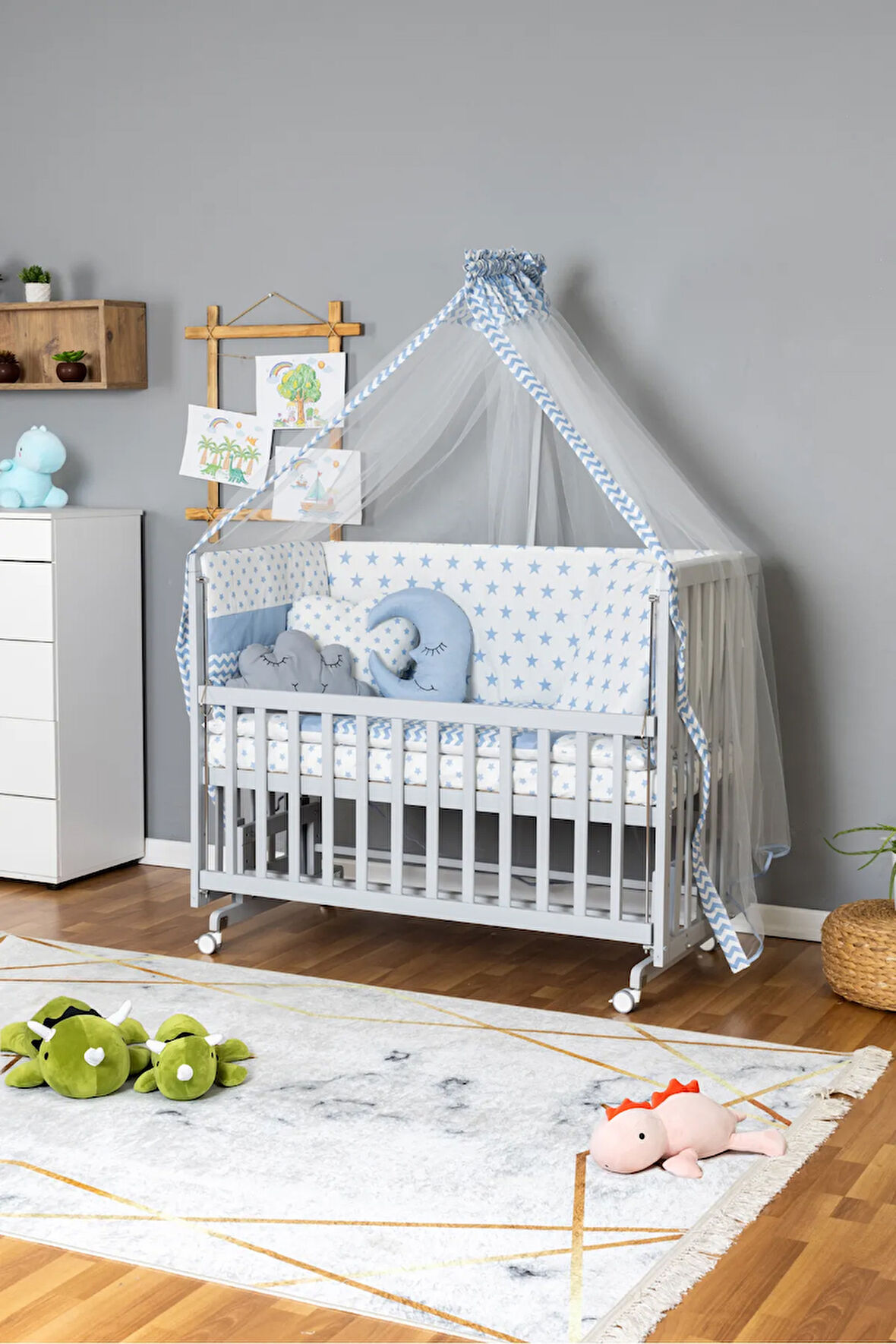 Ahşap Beşik Anne Yanı Beşik Gri 70x130 - Mavi Yıldız 3 Yastıklı Uyku Seti + Yataklı + Tekerlekli