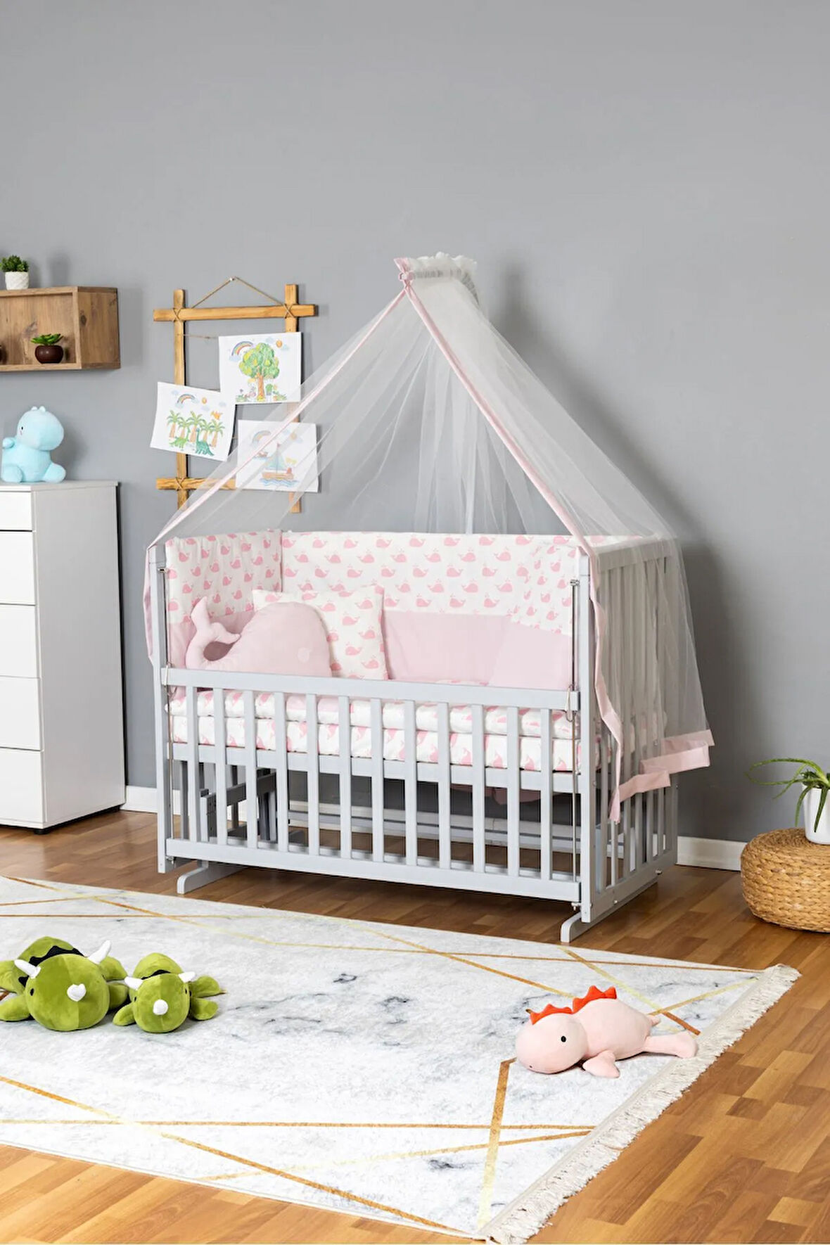 Ahşap Beşik Anne Yanı Beşik Gri 70x130 - Pembe Balina Uyku Seti + Yataklı