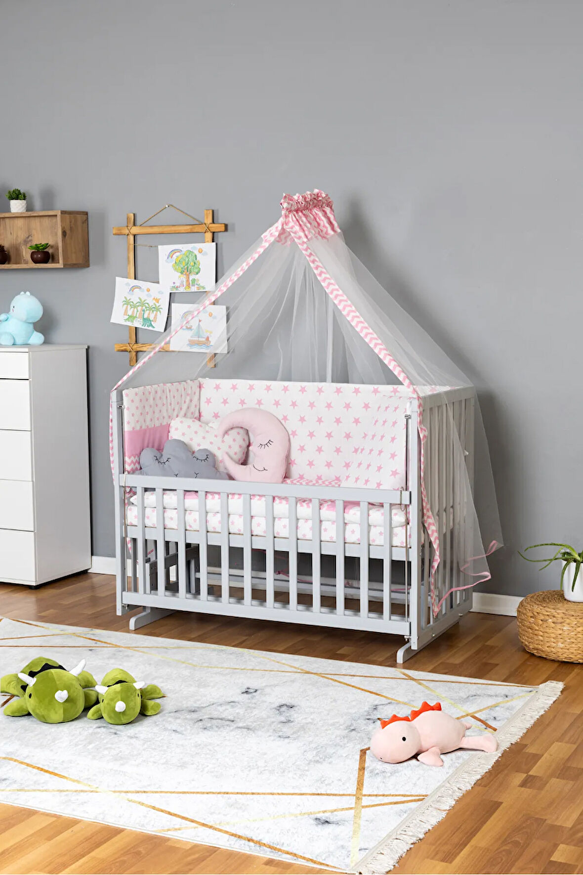 Ahşap Beşik Anne Yanı Beşik Gri 70x130 - Pembe Yıldız 3 Yastıklı Uyku Seti + Yataklı