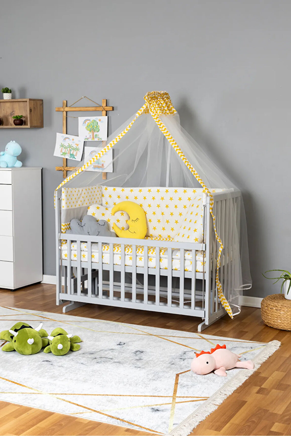 Ahşap Beşik Anne Yanı Beşik Gri 70x130 - Sarı Yıldız 3 Yastıklı Uyku Seti + Yataklı