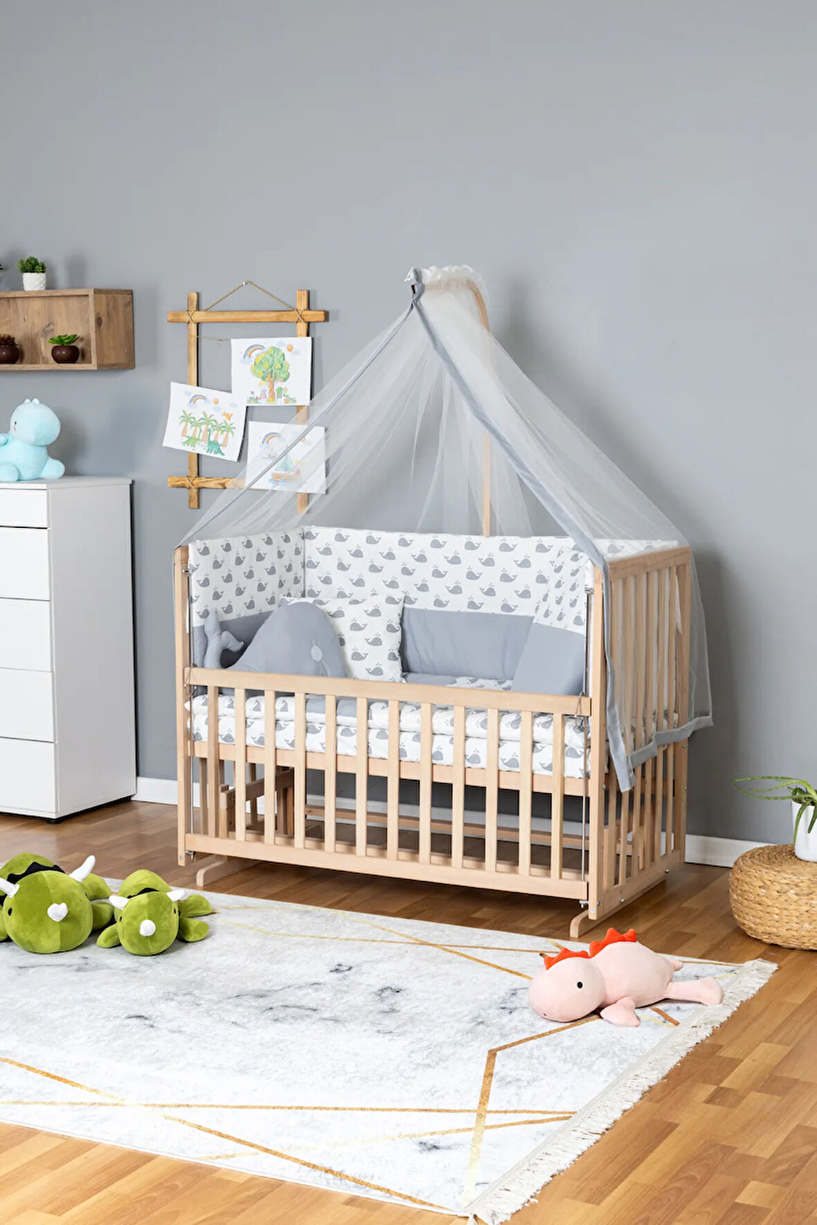 Ahşap Beşik Anne Yanı Beşik Organik 70x130 - Gri Balina Uyku Seti + Yataklı