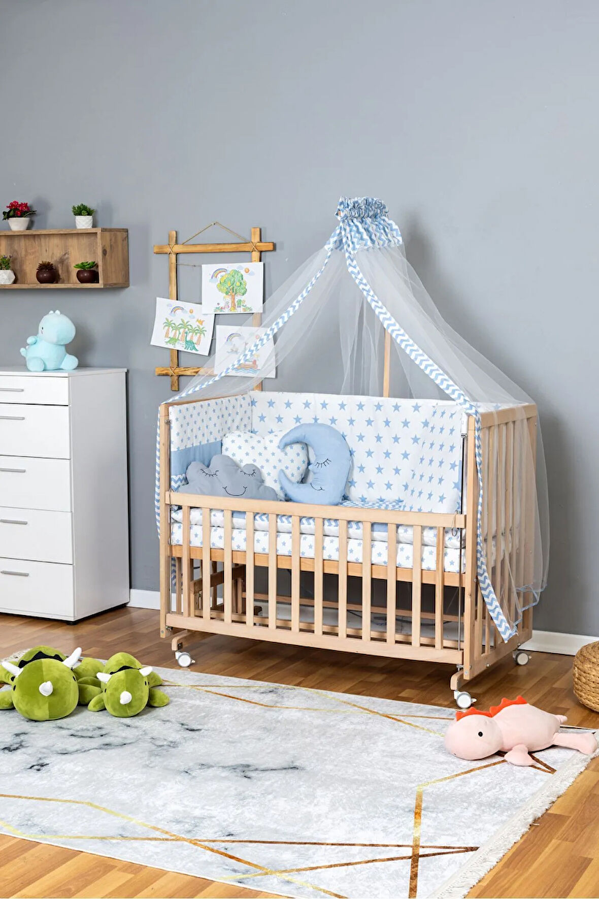 Ahşap Beşik Anne Yanı Beşik Organik 70x130 - Mavi Yıldız 3 Yastıklı Uyku Seti + Yataklı + Tekerlekli