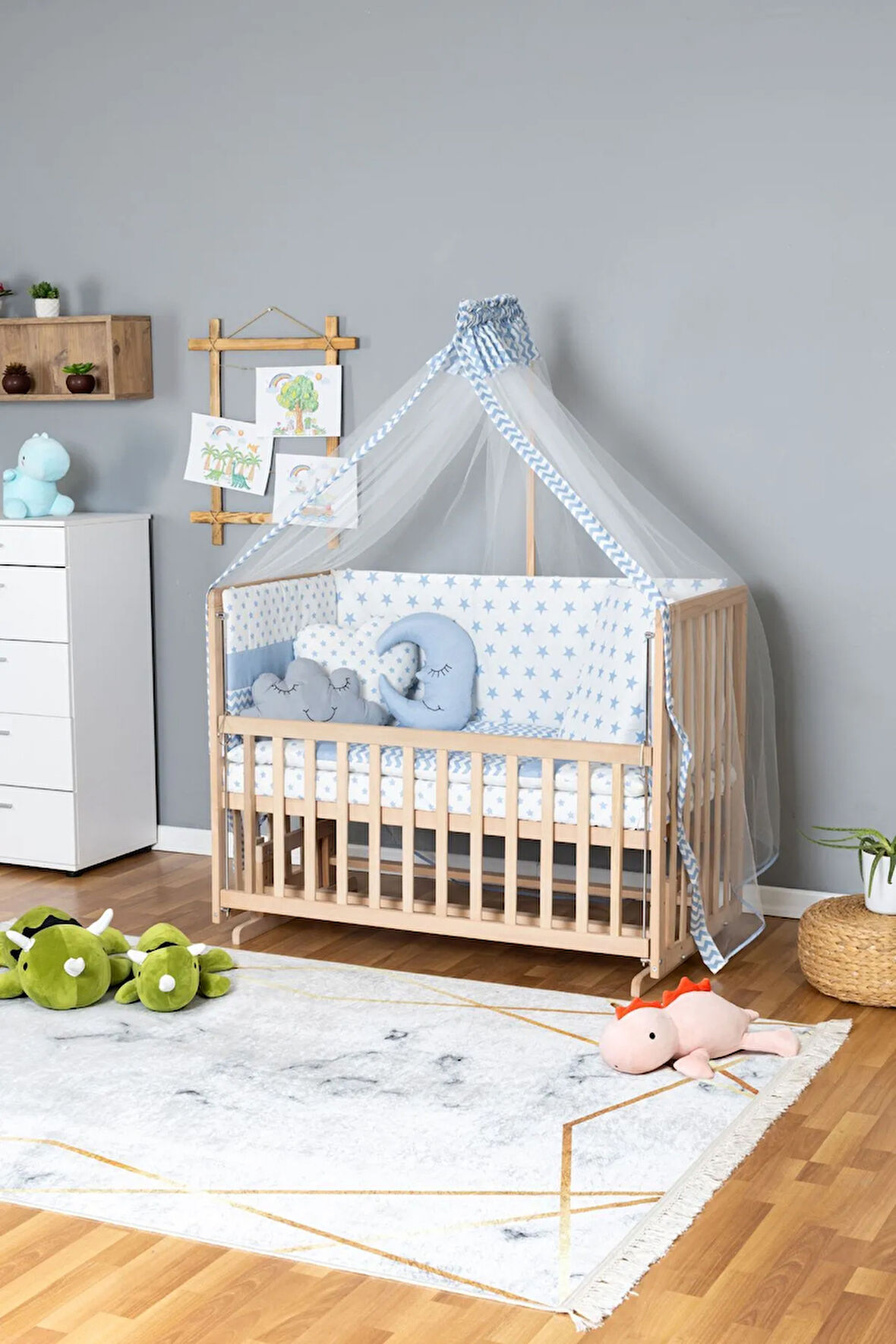 Ahşap Beşik Anne Yanı Beşik Organik 70x130 - Mavi Yıldız 3 Yastıklı Uyku Seti + Yataklı