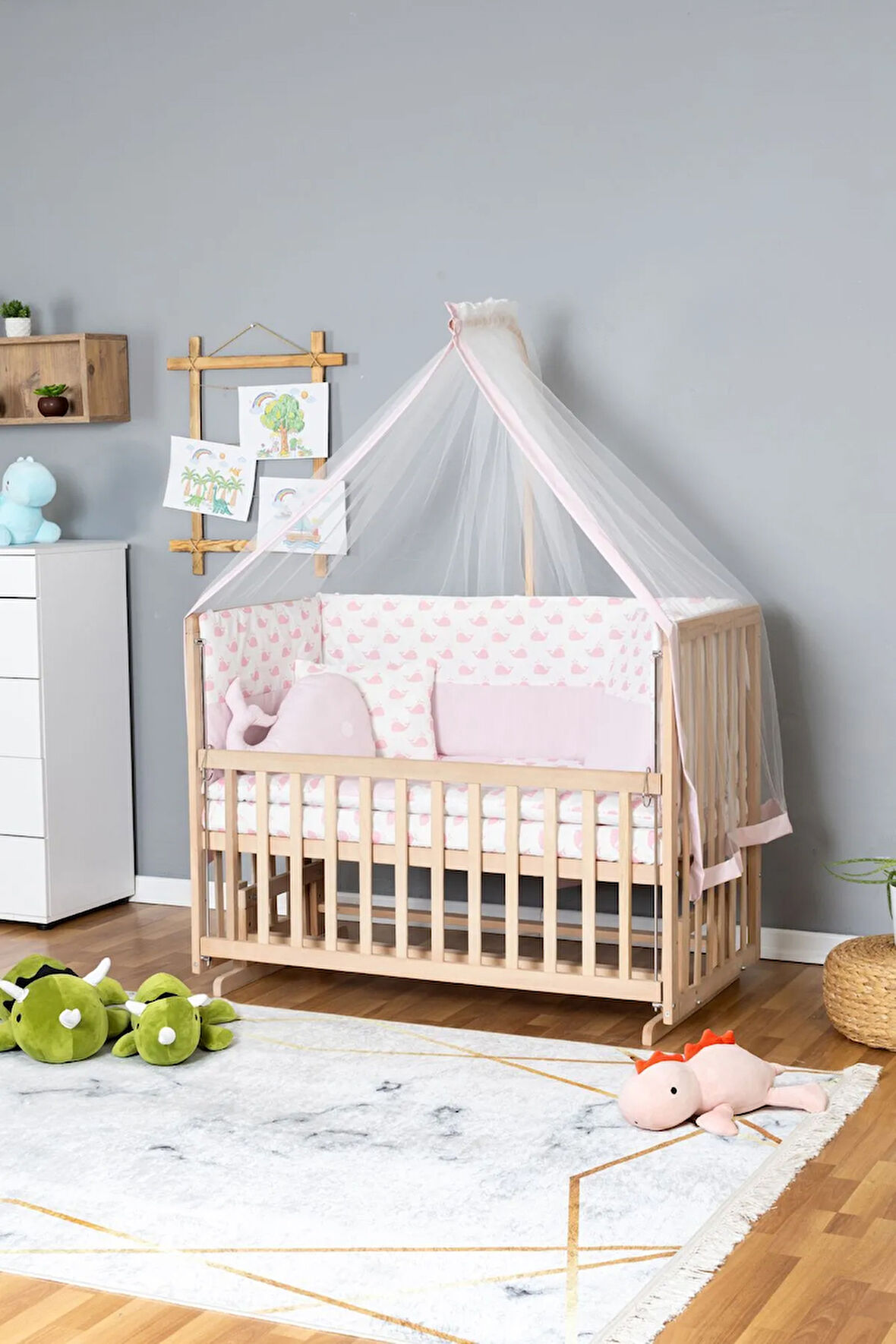 Ahşap Beşik Anne Yanı Beşik Organik 70x130 - Pembe Balina Uyku Seti + Yataklı