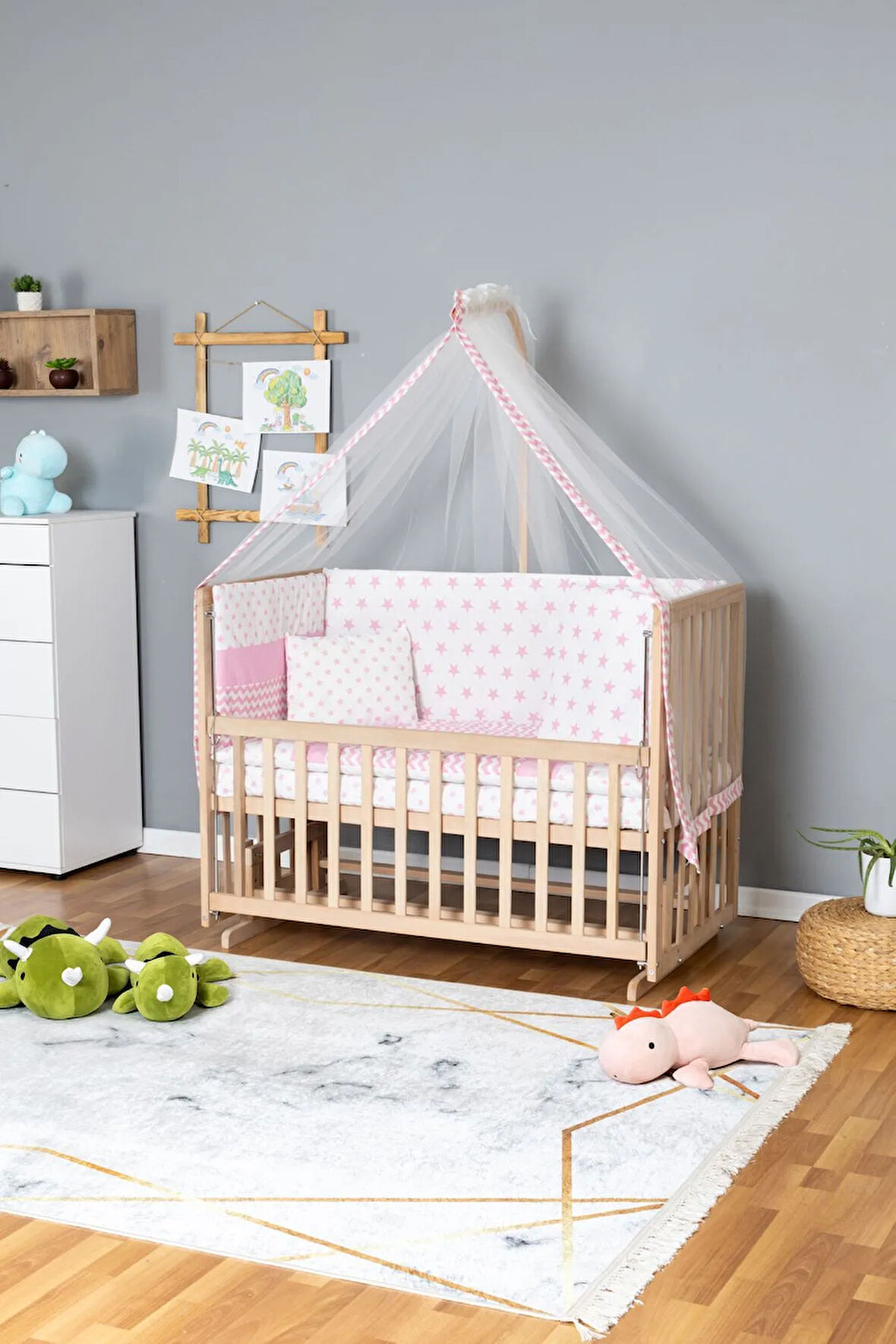 Ahşap Beşik Anne Yanı Beşik Organik 70x130 - Pembe Yıldız 1 Yastıklı Uyku Seti + Yataklı