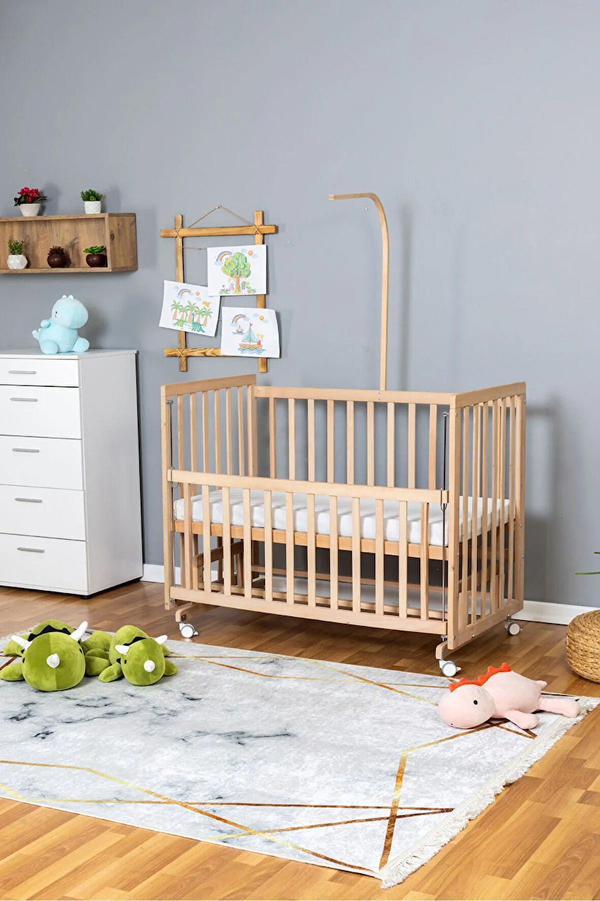 Ahşap Beşik Anne Yanı Beşik Organik 70x130 - Uyku Setsiz Tek Yataklı + Tekerlekli