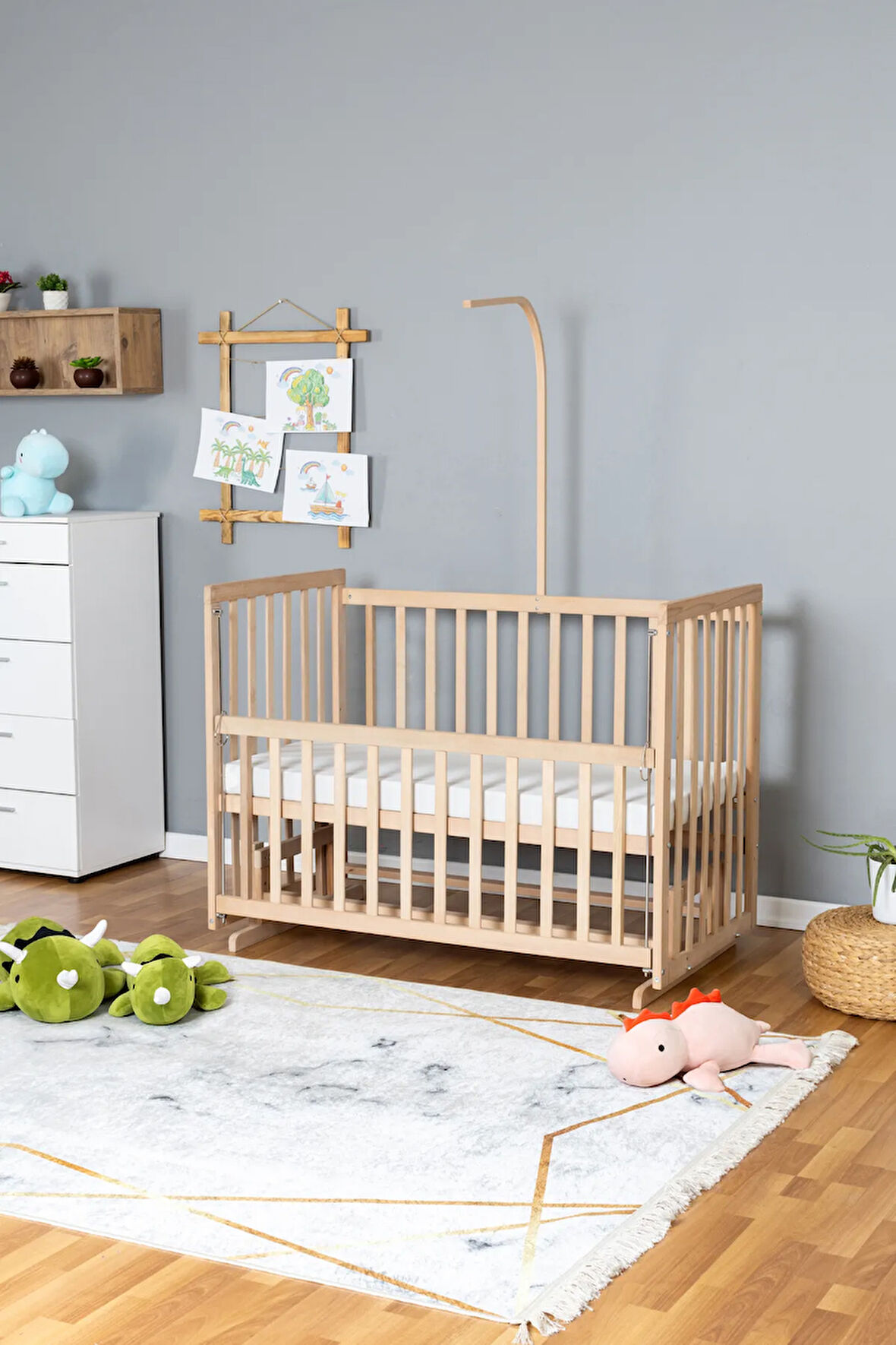 Ahşap Beşik Anne Yanı Beşik Organik 70x130 - Uyku Setsiz Tek Yataklı