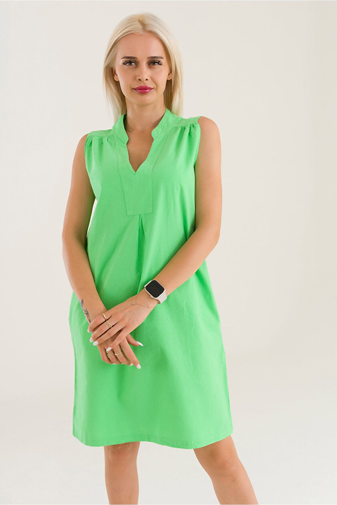 Bold & Young Kadın Cepli 3/4 Kol Çekmez Omuz Büzgülü A Pli Pamuklu Dokuma Kumaş Efsane Elbise