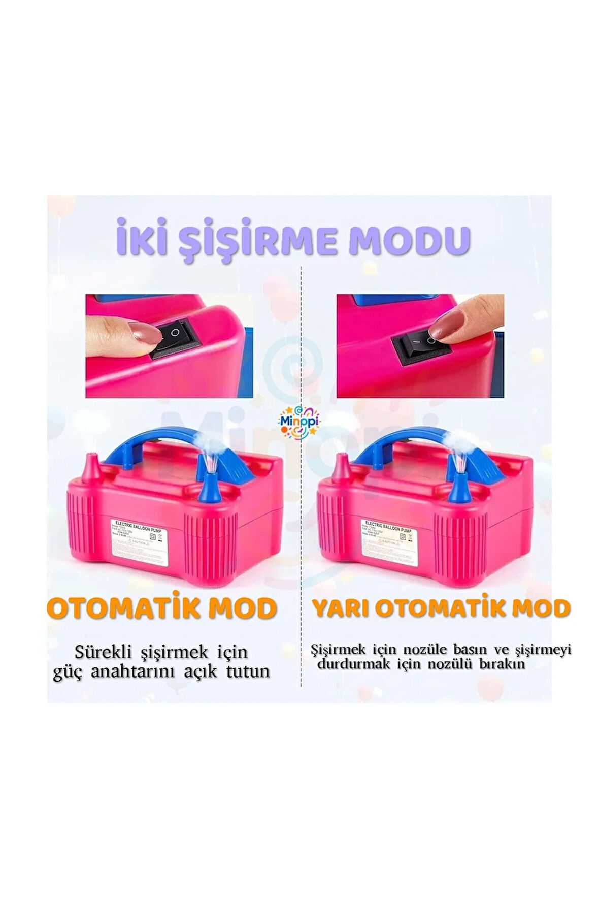 Çift Çıkışlı Balon Şişirme Makinası, Elektrikli Balon Pompası Pembe Mavi