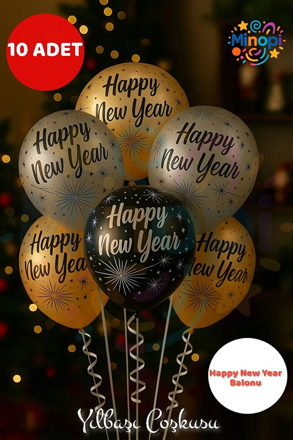 Happy New Year Yılbaşı Balon Seti 10’lu – Altın Gümüş Siyah Parti ve Süsleme Balonları