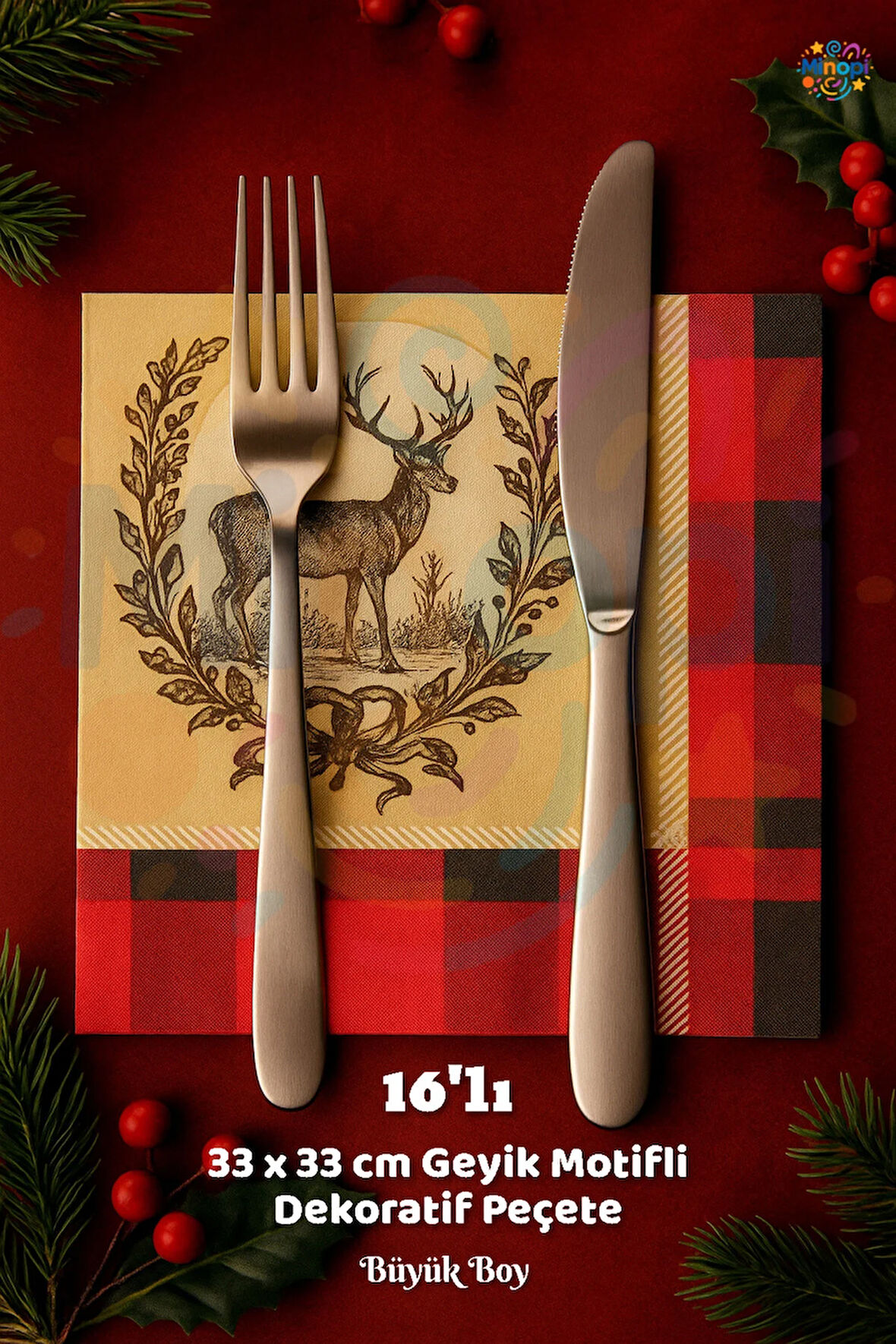 Geyikli Peçete Sunumluk I16 Adet Dekoratif Estetik Yılbaşı Parti Konsepti 33x33 Cm