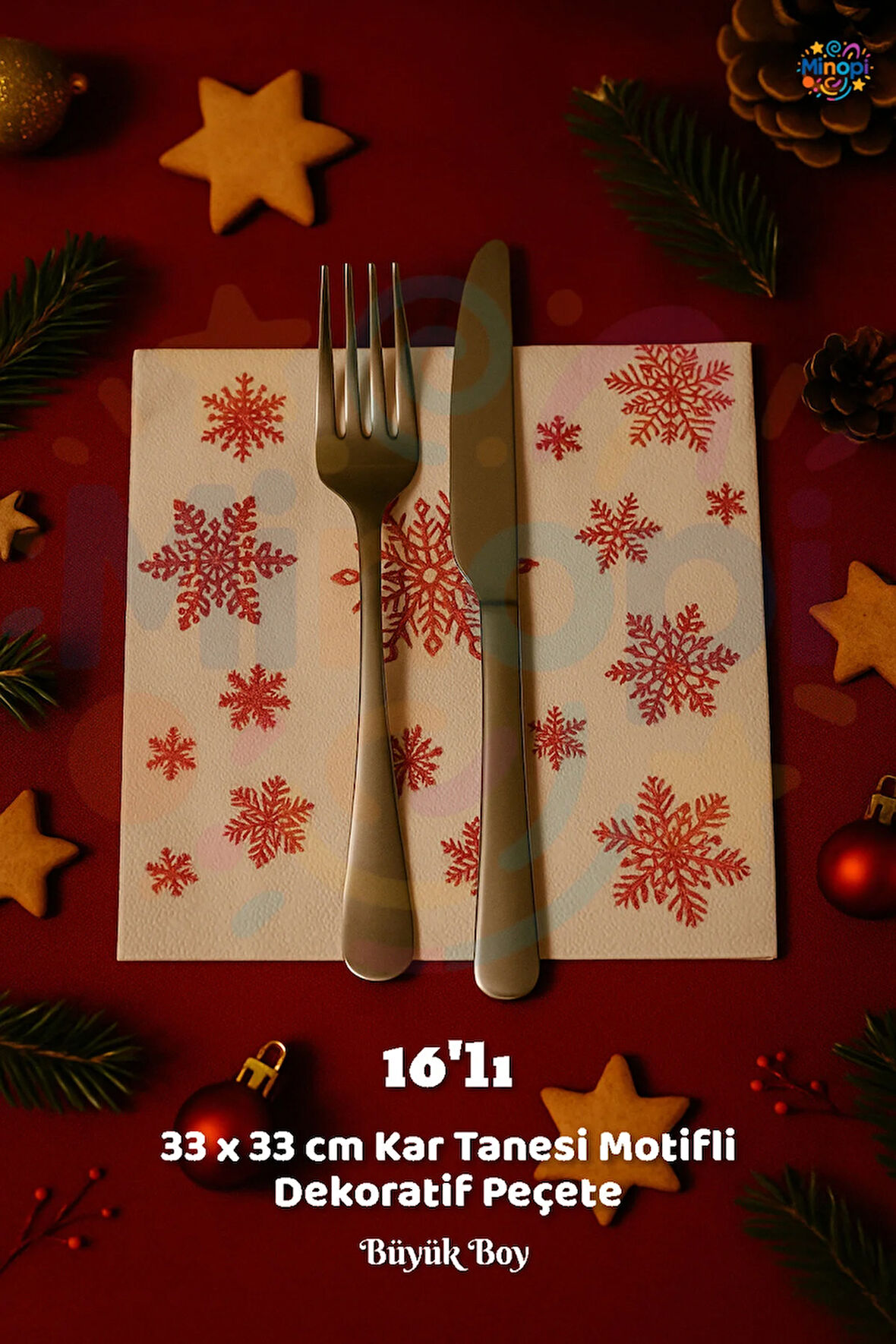 Kar Tanesi Peçete Sunumluk I16 Adet Dekoratif Estetik Yılbaşı Parti Konsepti 33x33 Cm
