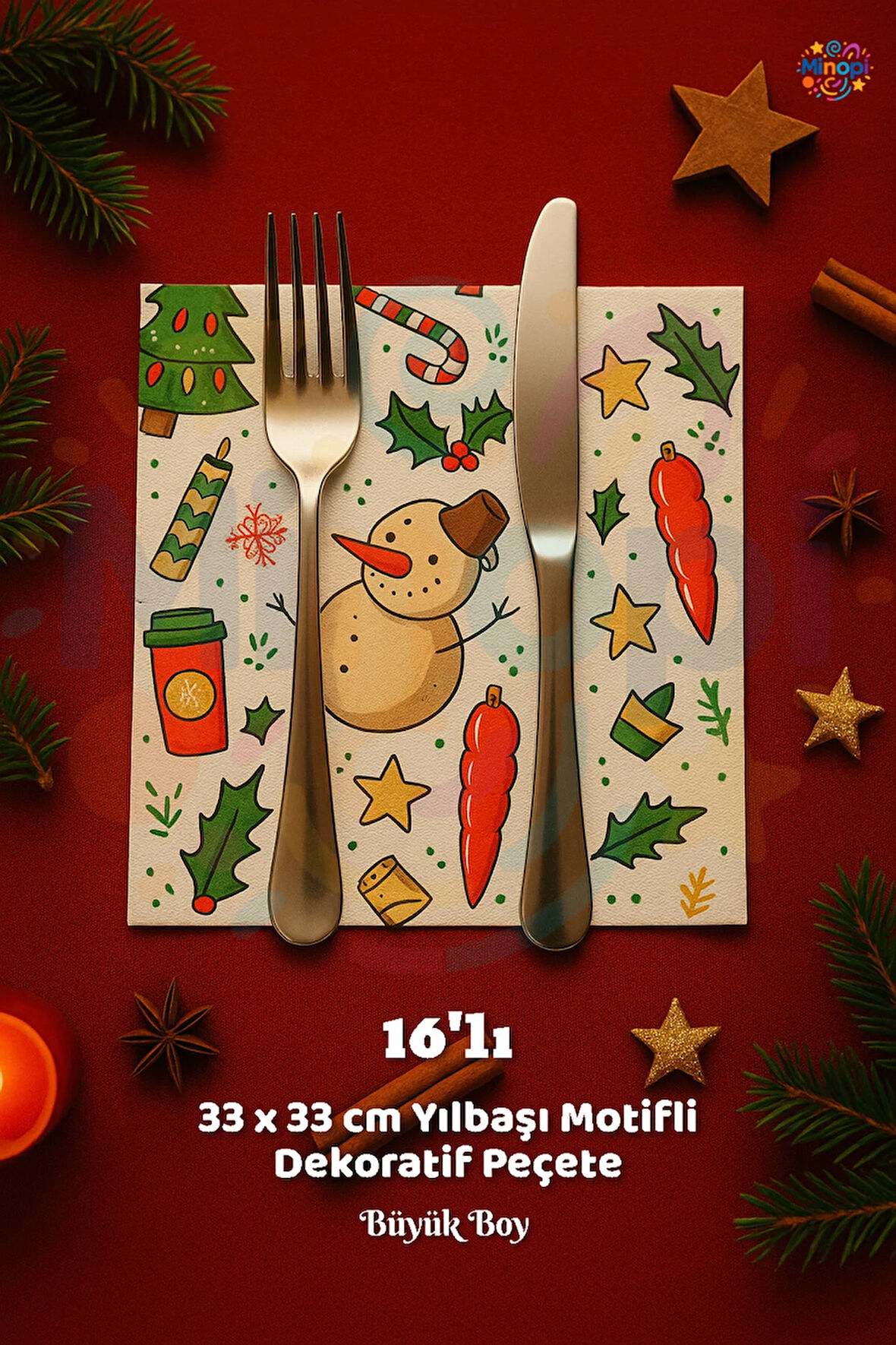 Yılbaşı Peçete Sunumluk I16 Adet Dekoratif Estetik Yılbaşı Parti Konsepti 33x33 Cm