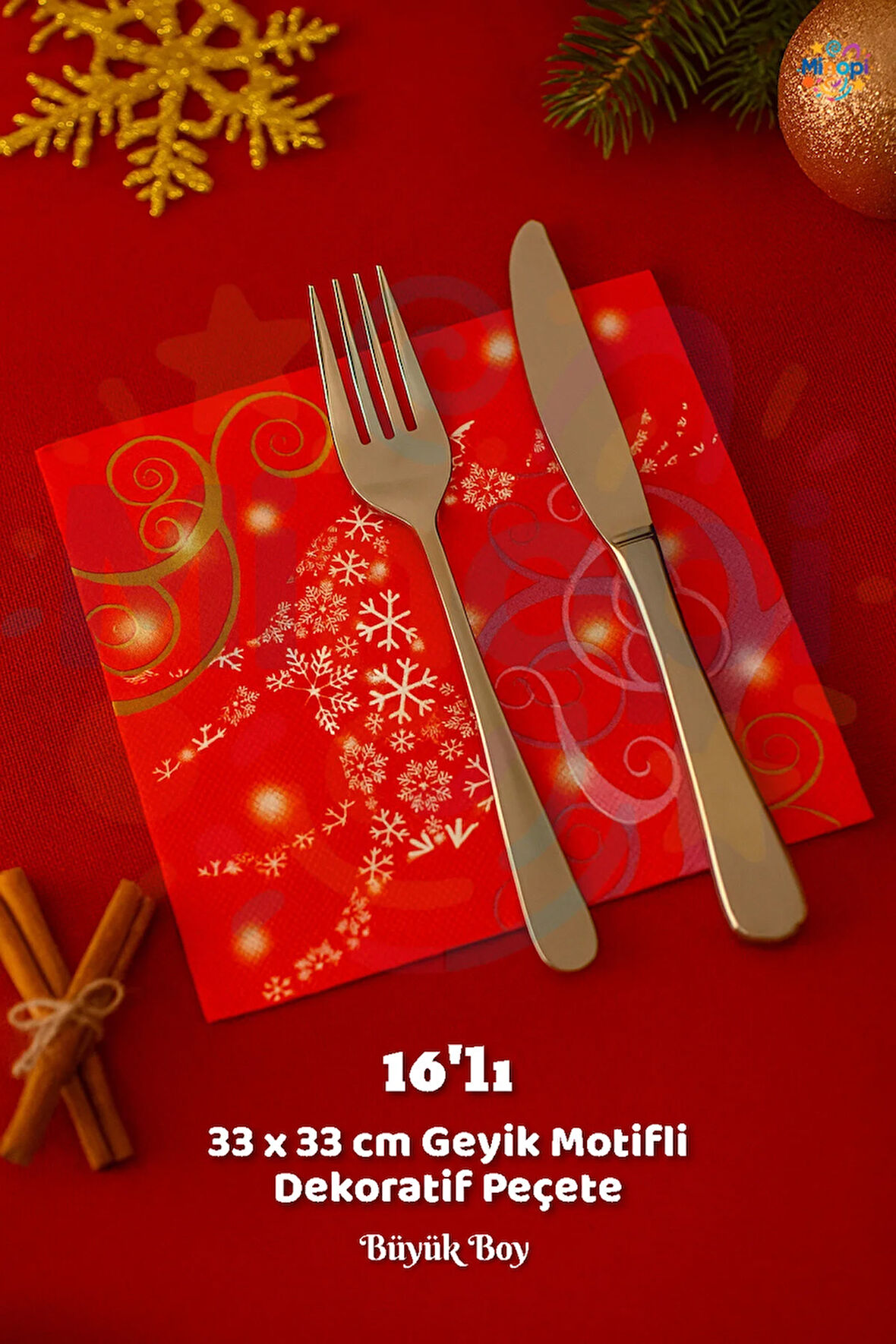 Kırmızı Geyikli Peçete Sunumluk I16 Adet Dekoratif Estetik Yılbaşı Parti Konsepti 33x33 Cm