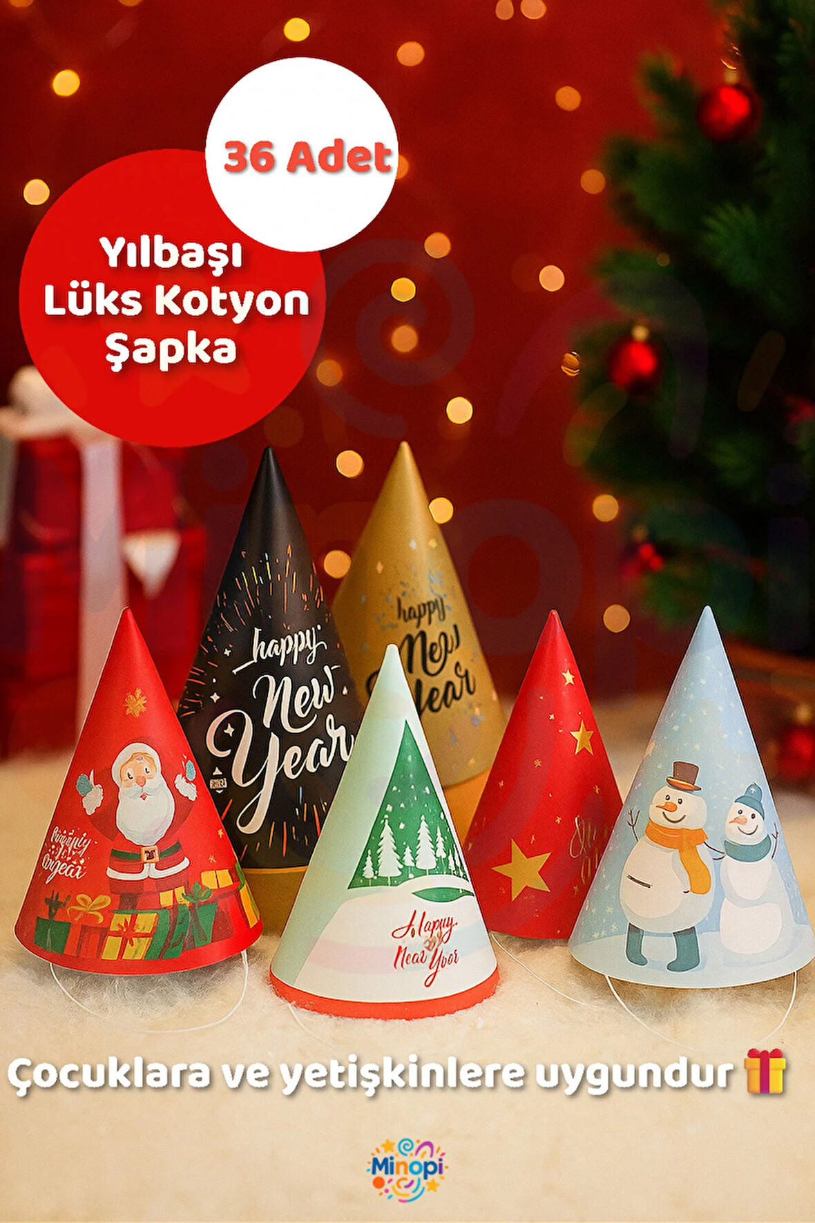 Yılbaşı Kotyon Şapka I 36 Adet Desenli Yetişkin ve Çocuk İçin Uygun Christmas Parti Seti