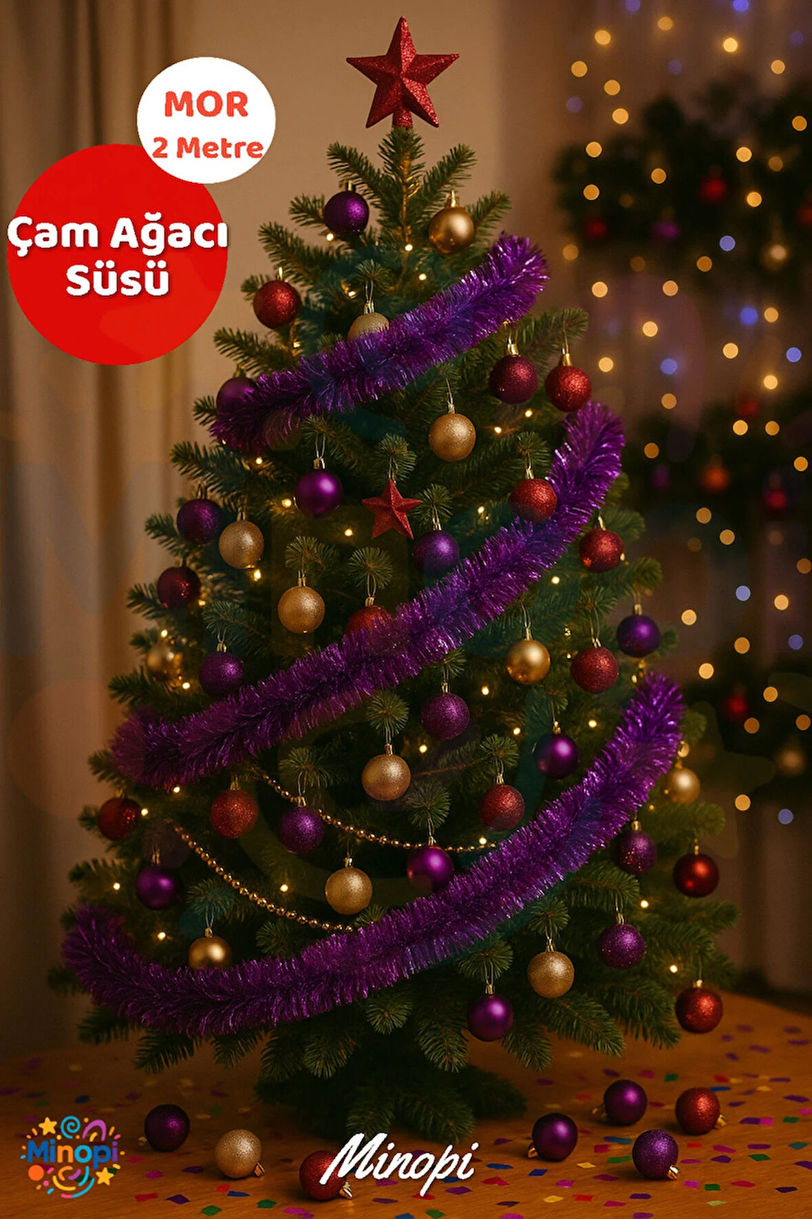 Mor Yılbaşı Garland Doğum Günü Simi Çam Ağacı Süsü 200 Cm Boyuna Boyuna Asılan Süsleme Sim