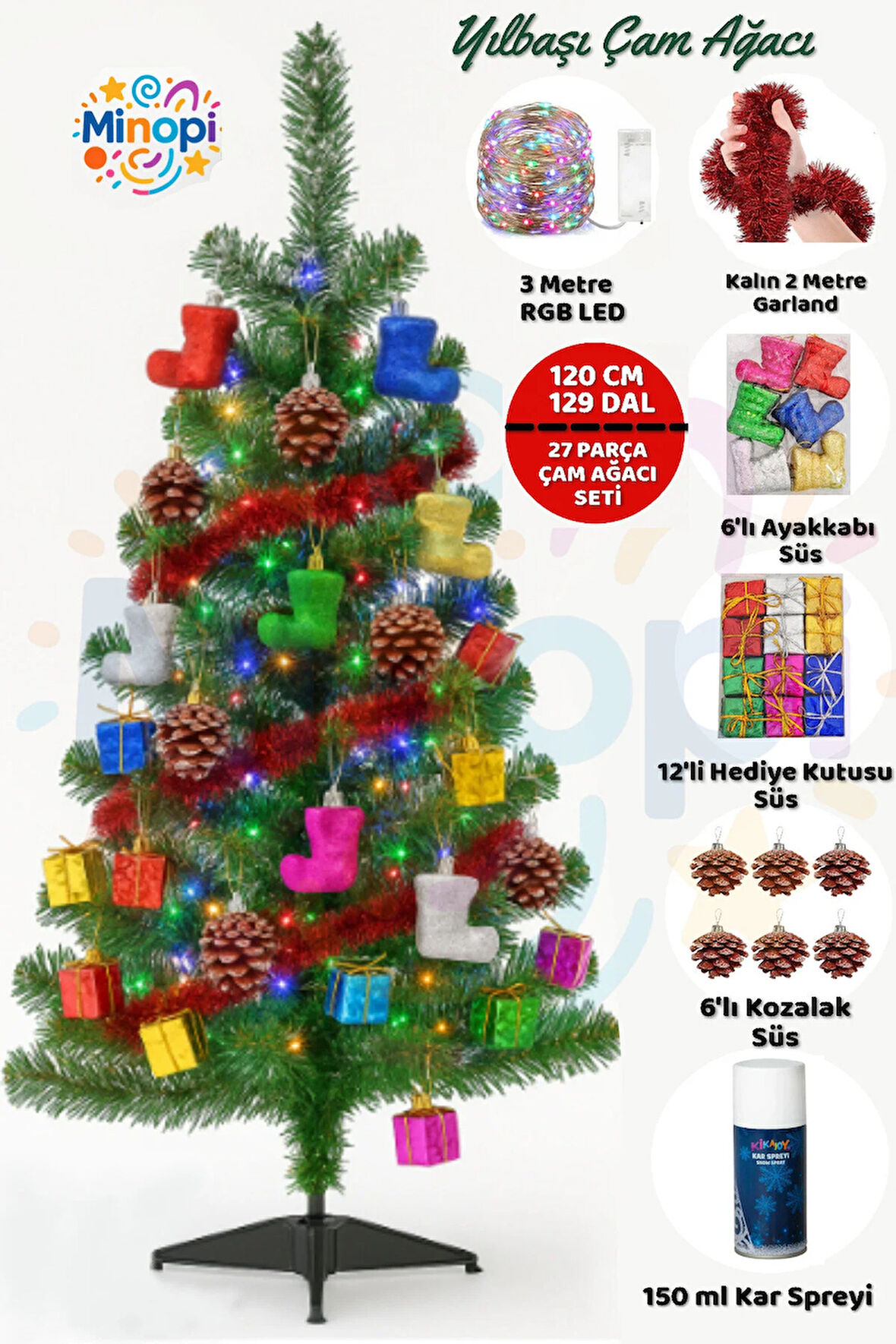 120 Cm Yılbaşı Çam Ağacı Seti | RGB Peri Led Işıklı Ve Yılbaşı Süsleri Paketi | Kar Spreyi | Noel