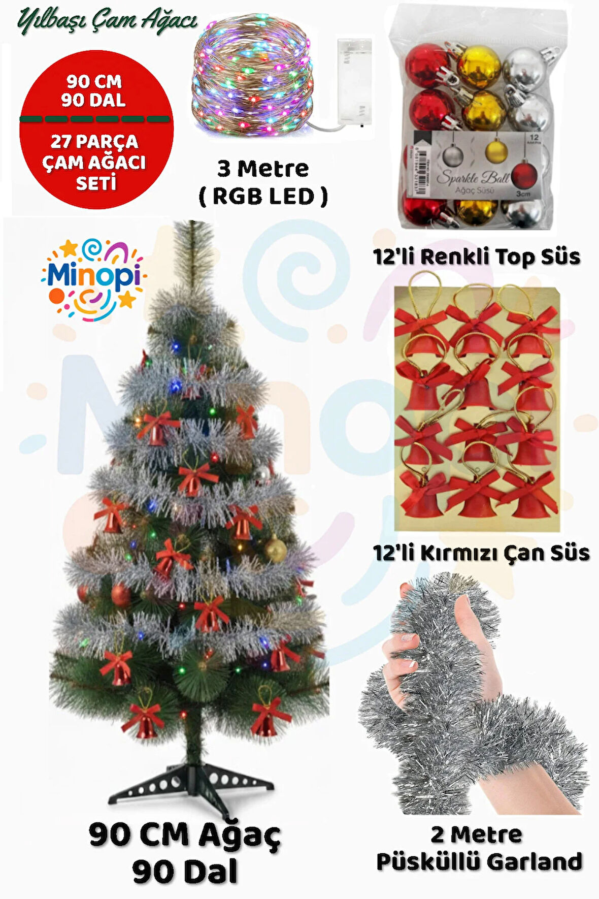 90 cm Yılbaşı Çam Ağaç Seti ve Yılbaşı Süsleri Paketi | Yılbaşı Işığı | Christmas Tree | Noel