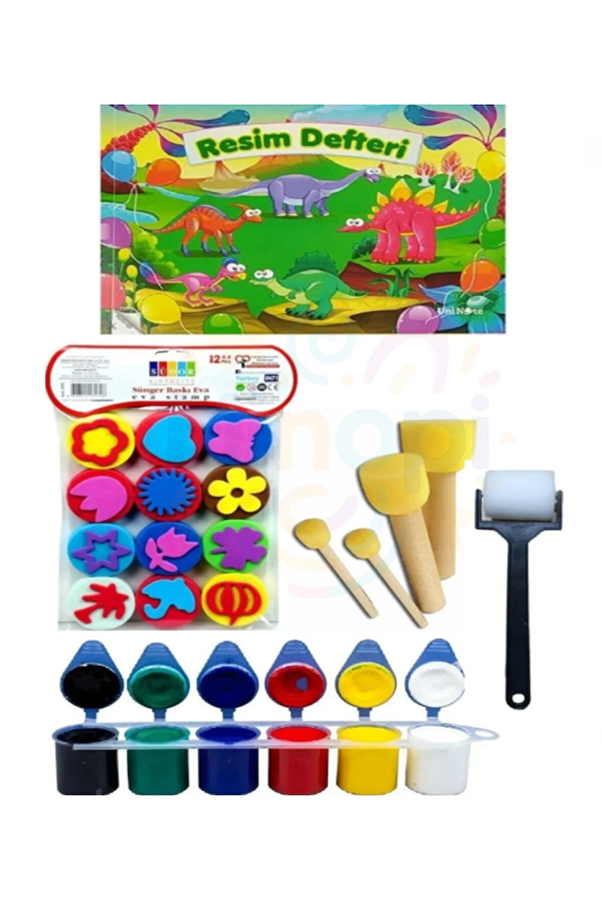 Parmak Boyası Resim Defteri 12 Li Eva Baskı Ponpon Fırça Sünger Rulo Fırça Set Hobi Etkinlik Set