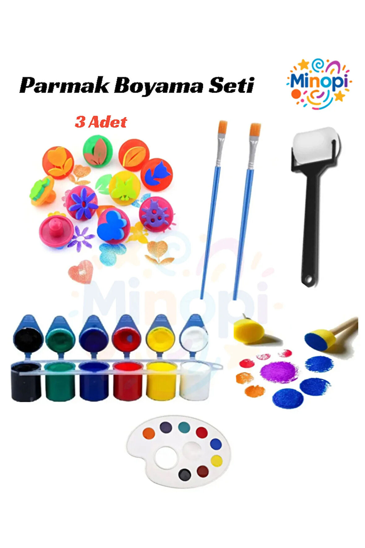 6x25 ml Parmak Boyası, 3 Adet Eva Baskı, Ponpon Fırça, Sünger Rulo, Palet, Fırça Çocuk Boyama Seti