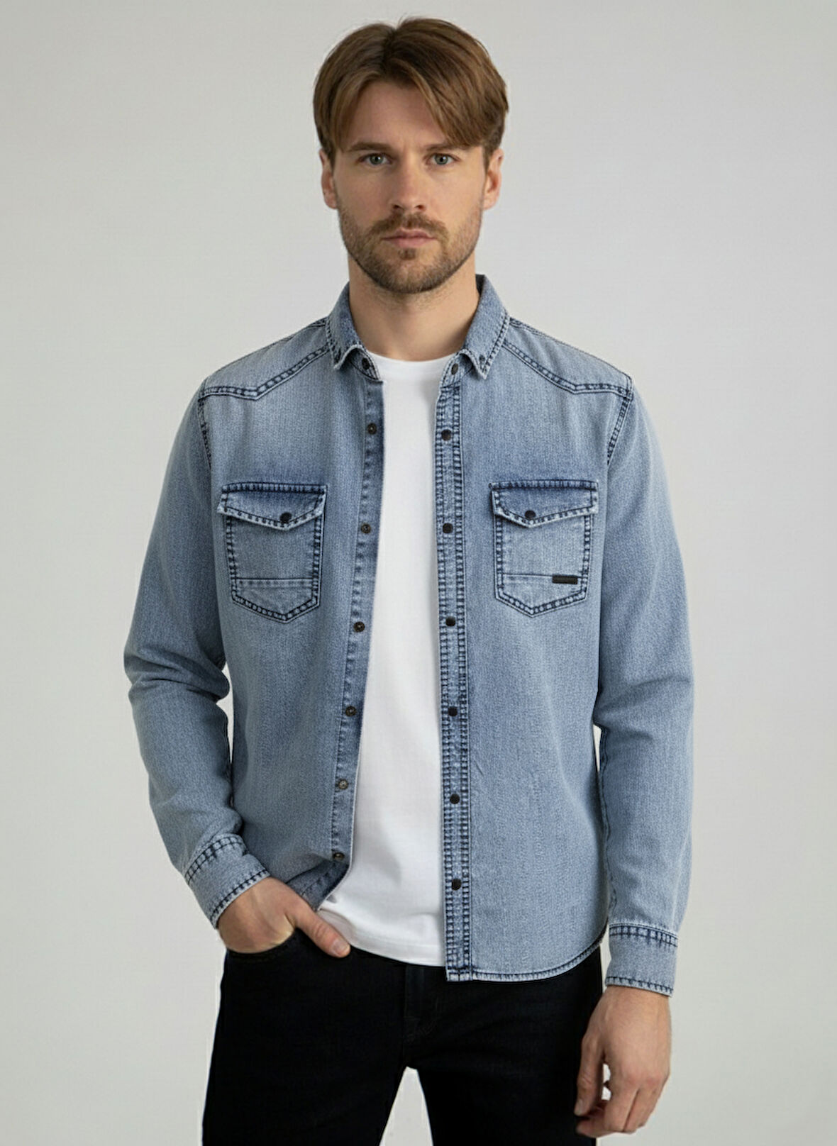 Erkek Gömlek Slim Fit Erkek Yıkamalı Kot Gömlek