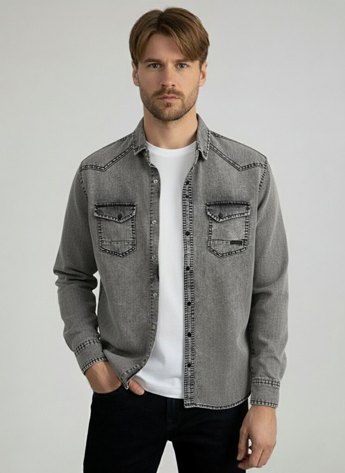 Erkek Gömlek Slim Fit Erkek Yıkamalı Kot Gömlek