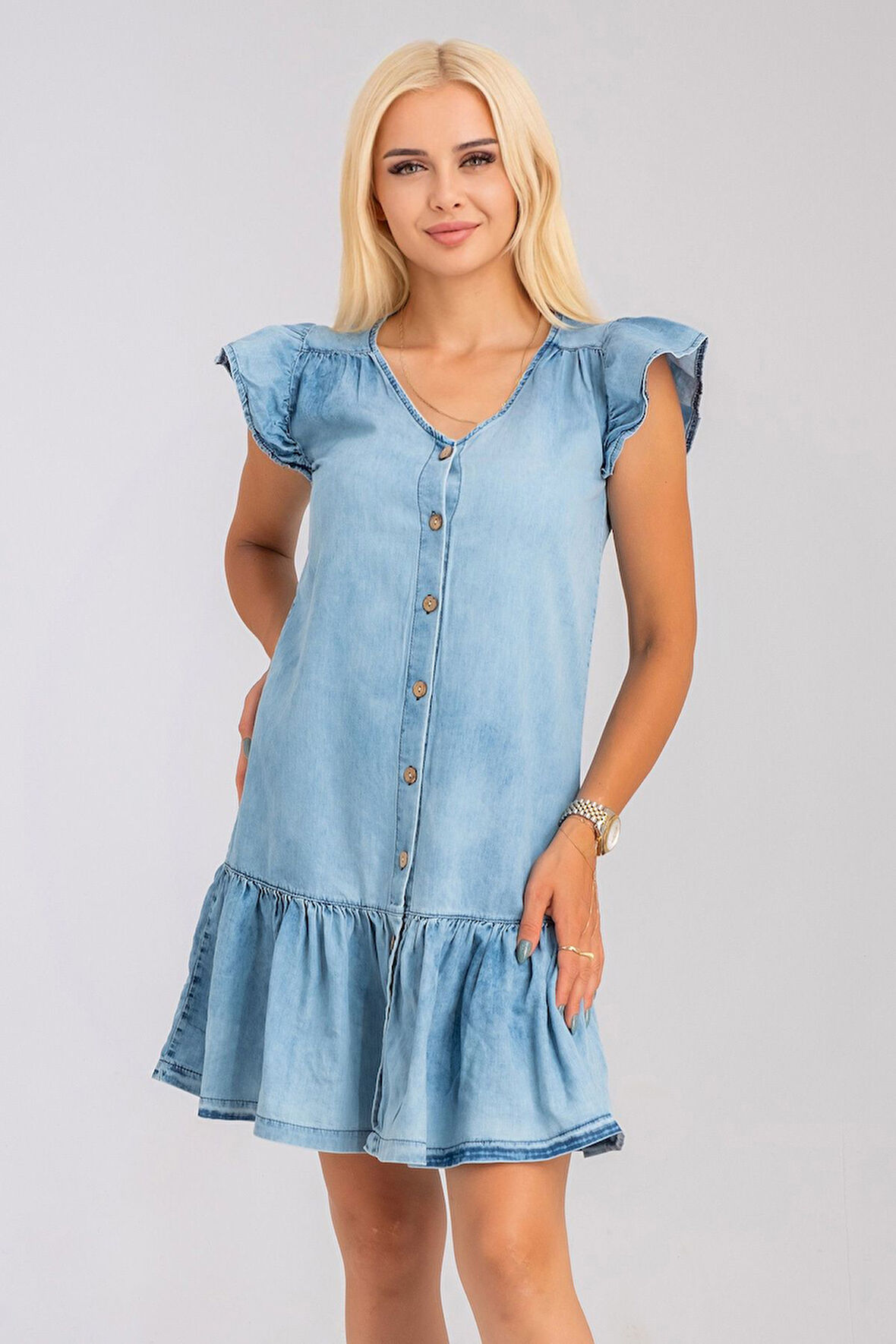 Büzgülü Kollu Önü Düğmeli Compact Penye Likralı Elbise