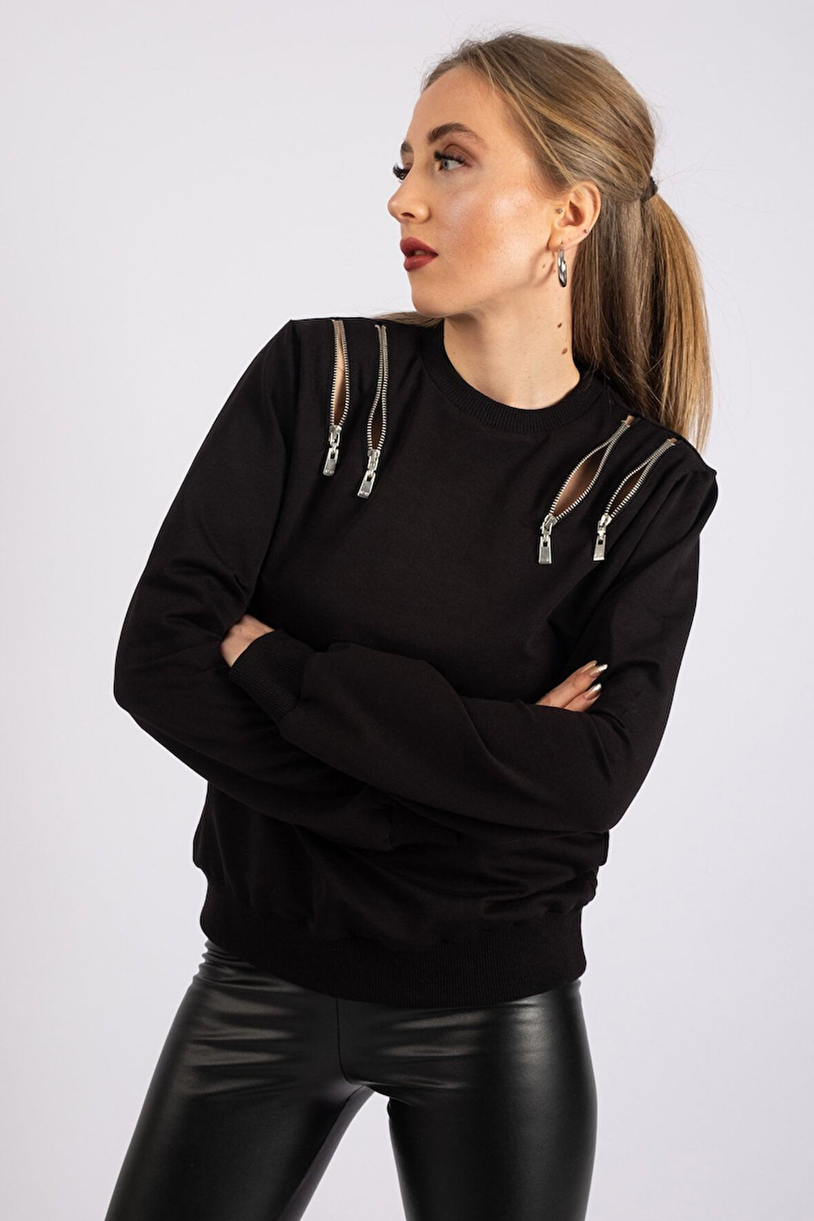 Bold & Young Kadın Metal Fermuarlı Kaşkorseli Sweatshirt