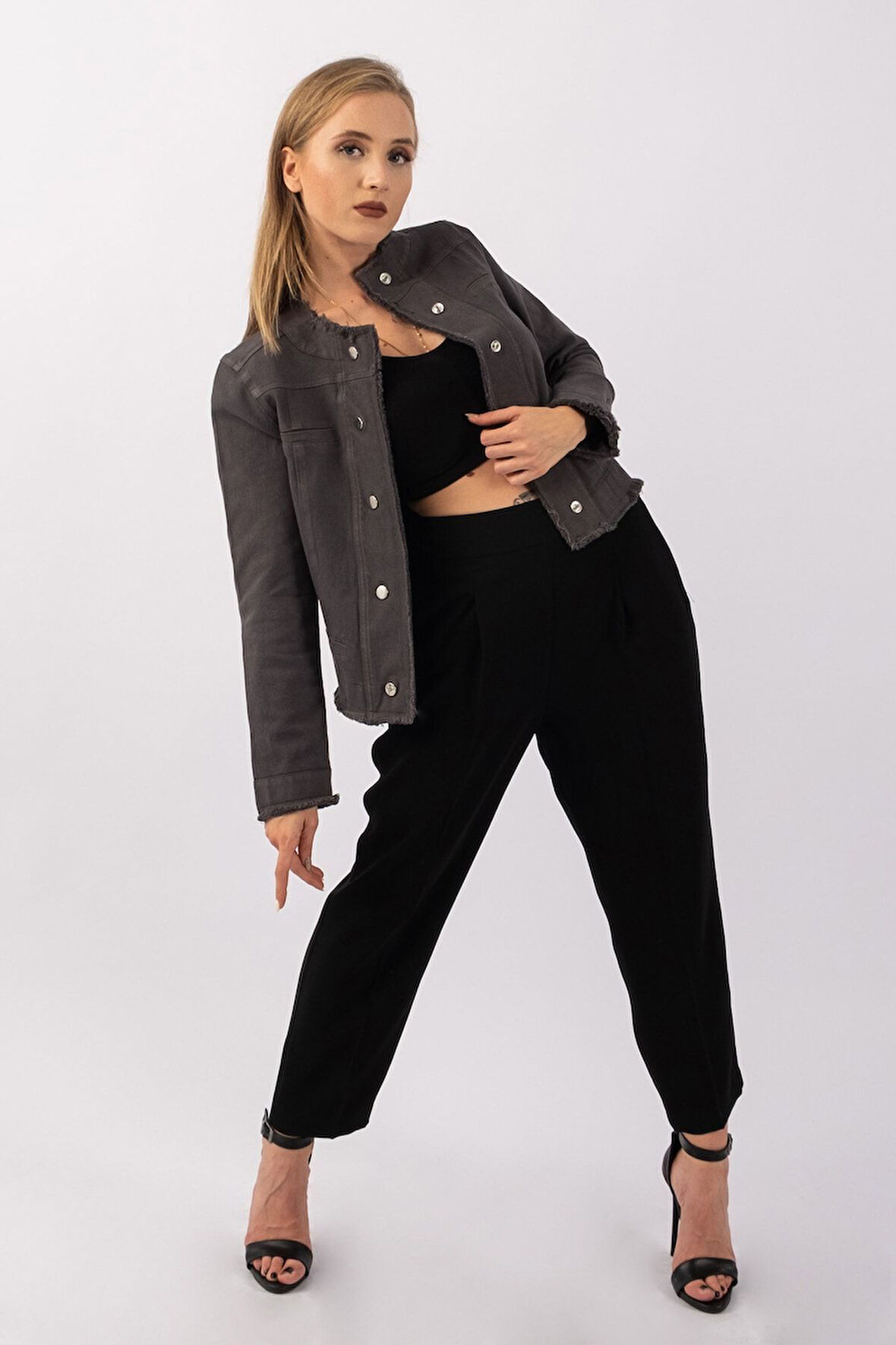 Bold & Young Kadın Yağ Yeşili Power Strech Çıt Çıtlı Slim Fit Denim Ceket