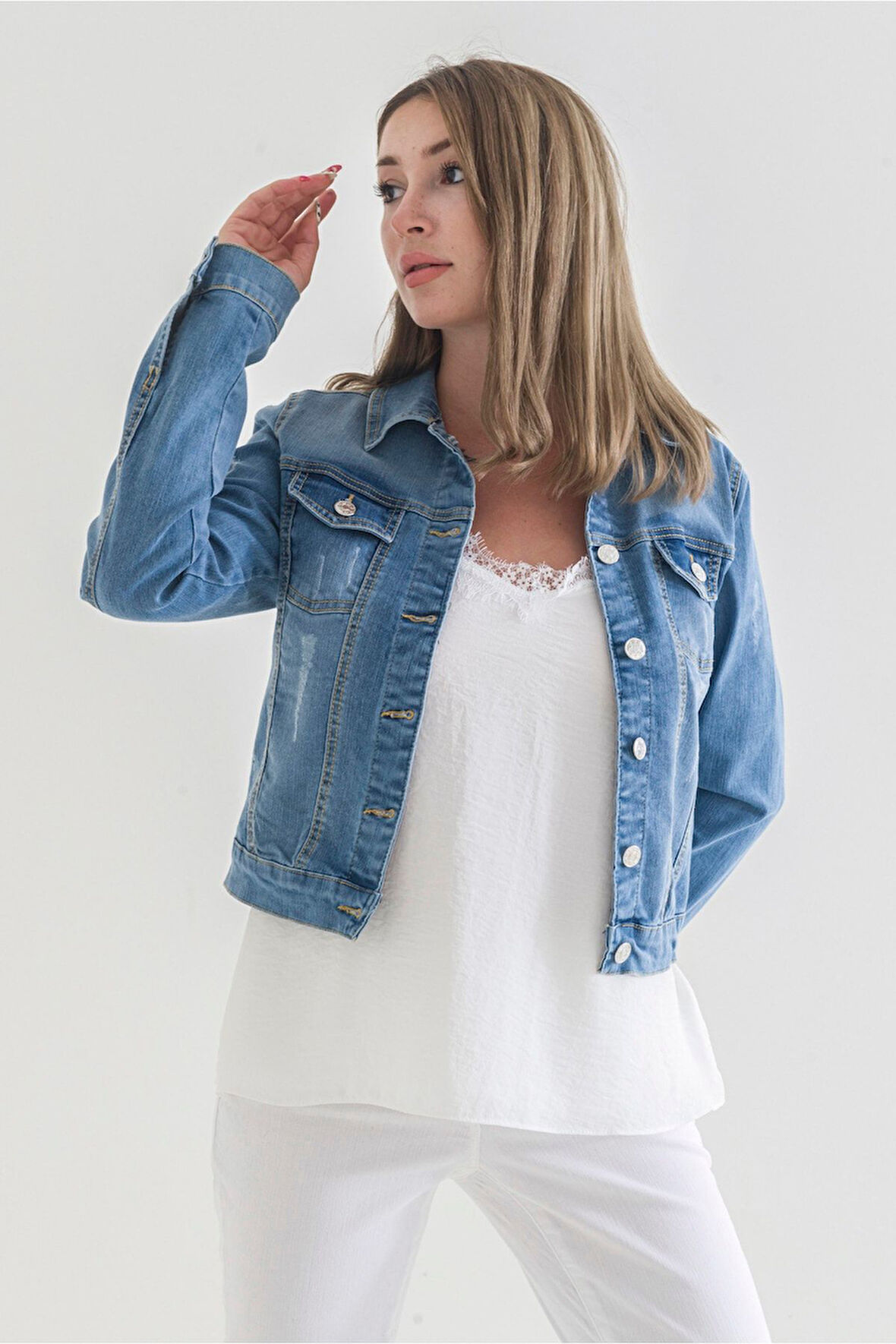 Power Streç Yıpratmalı Bleach Washing Denim Ceket