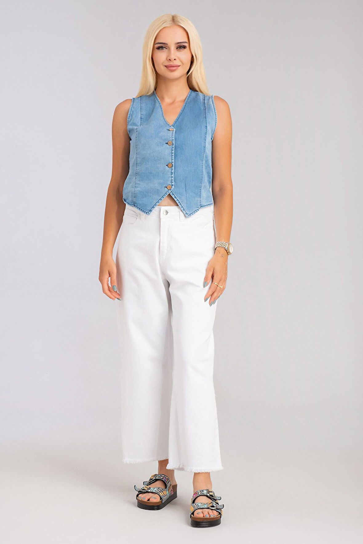 Kadın Bleach Yıkama  Lyocell İnce Denim Kumaş Kot Yelek