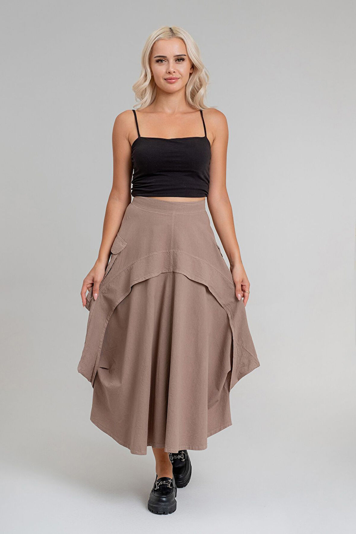 Bold & Young Kadın  Kargo Cepli  Pervazlı Gizli Fermuarlı Pamuklu Kumaş Etek