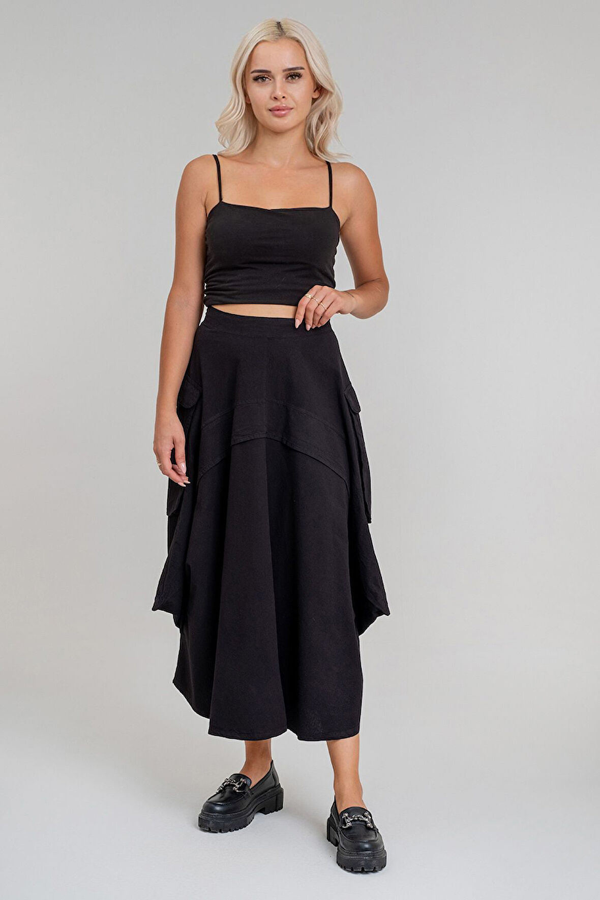 Bold & Young Kadın  Kargo Cepli  Pervazlı Gizli Fermuarlı Pamuklu Kumaş Etek