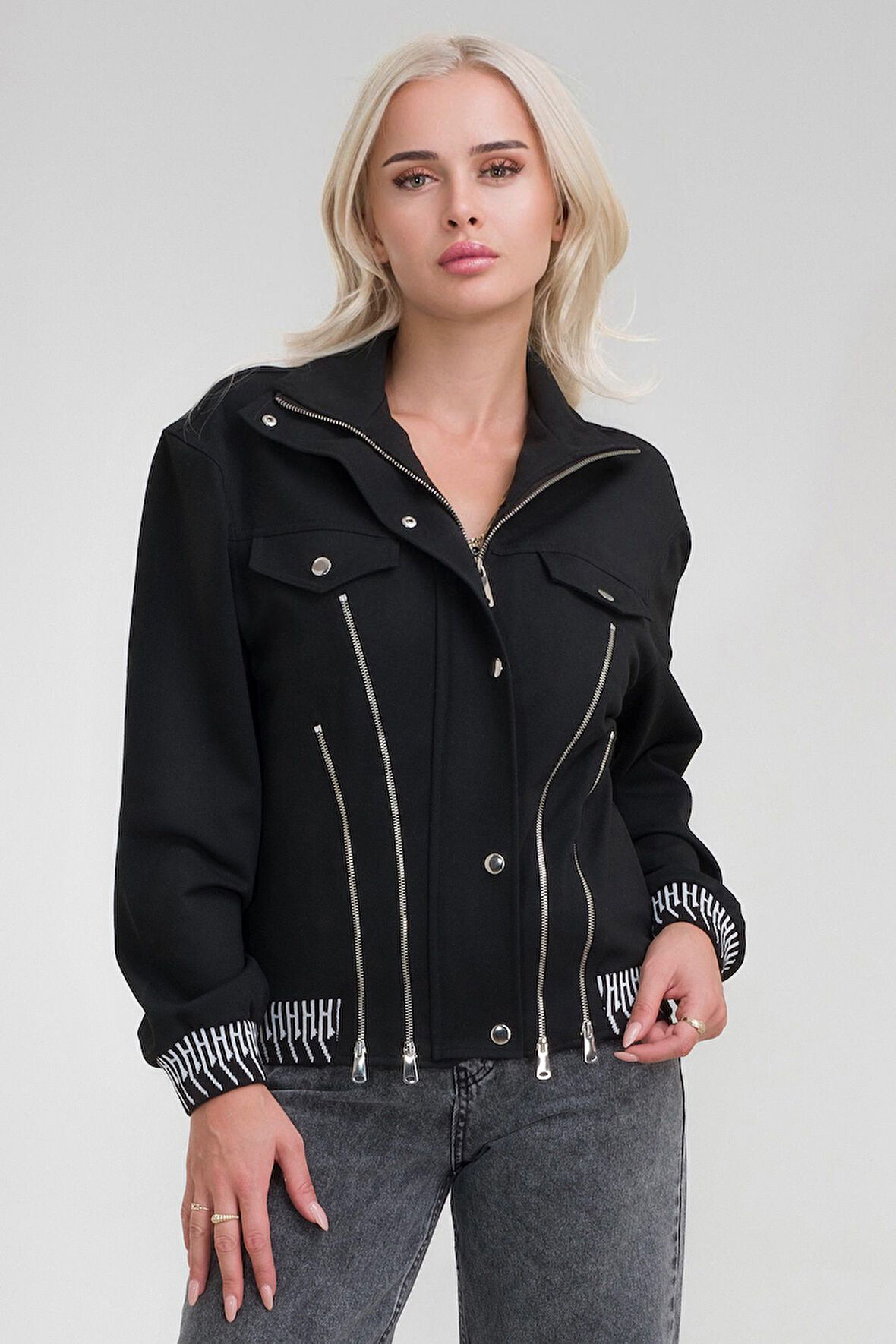 Bold & Young Kadın Viskon Polyester Likralı Kumaş Fermuar Aksesuarlı Kaşkorseli Cepli  Ceket