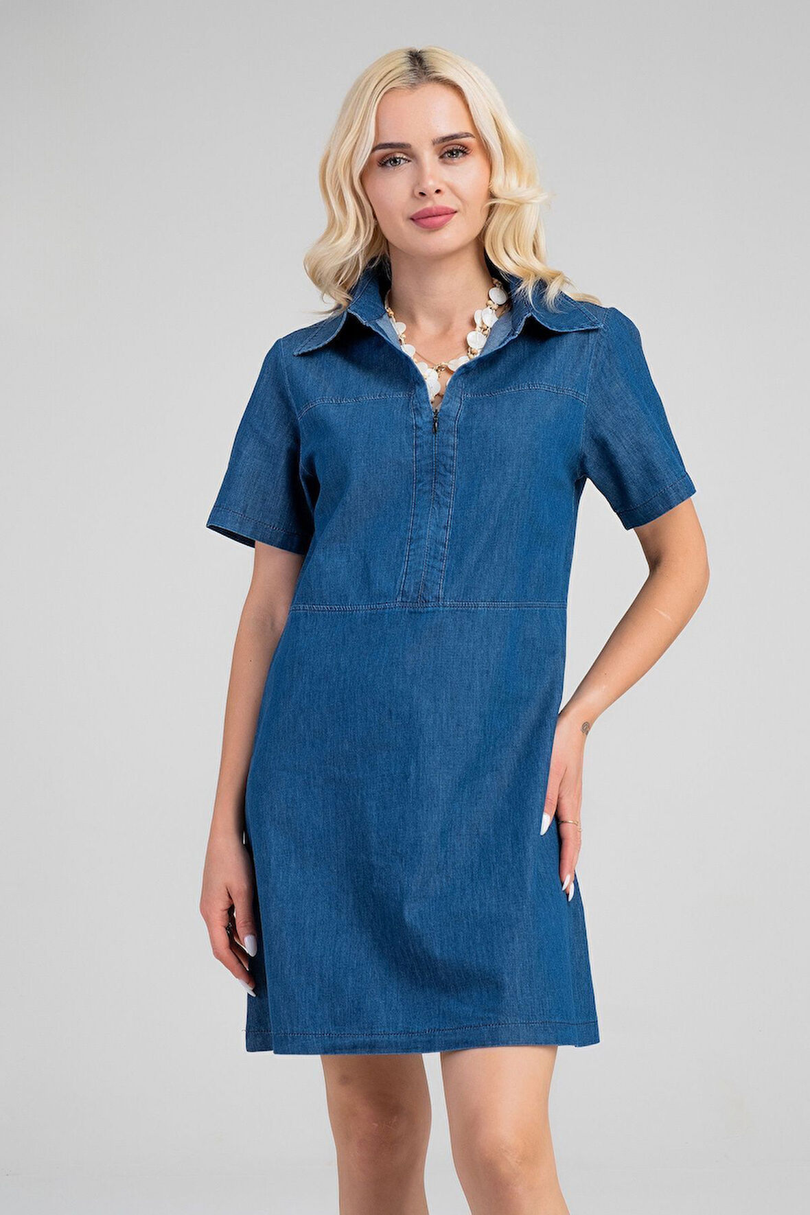 Bold & Young Kadın İndigo Yarım Pat Fermuarlı Kısa Kollu Gömlek Yakalı İnce Kot  Elbise
