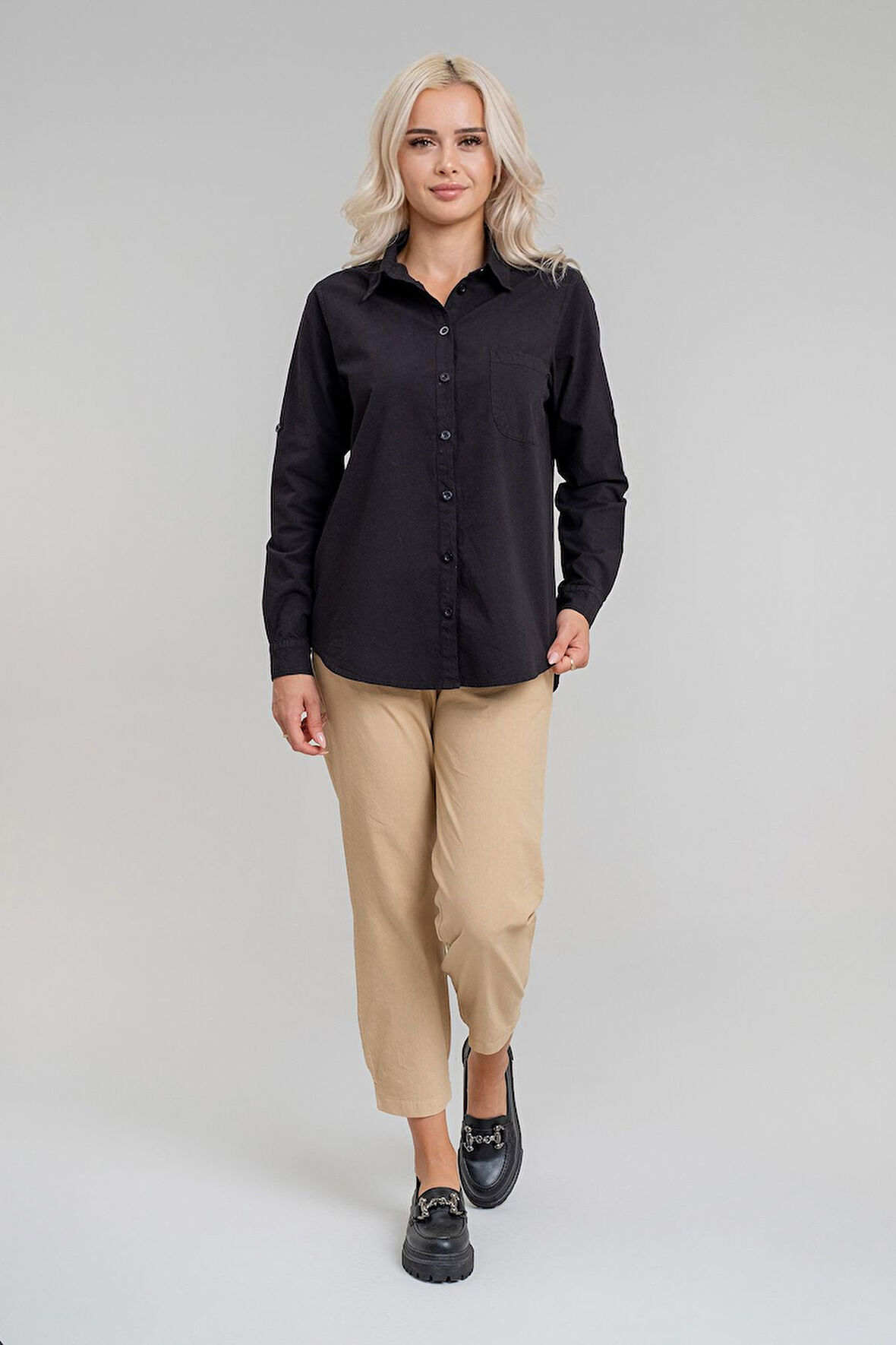 Kadın Ön Arka Oval Pamuklu Dokuma Kumaş  Kol Britli Gömlek