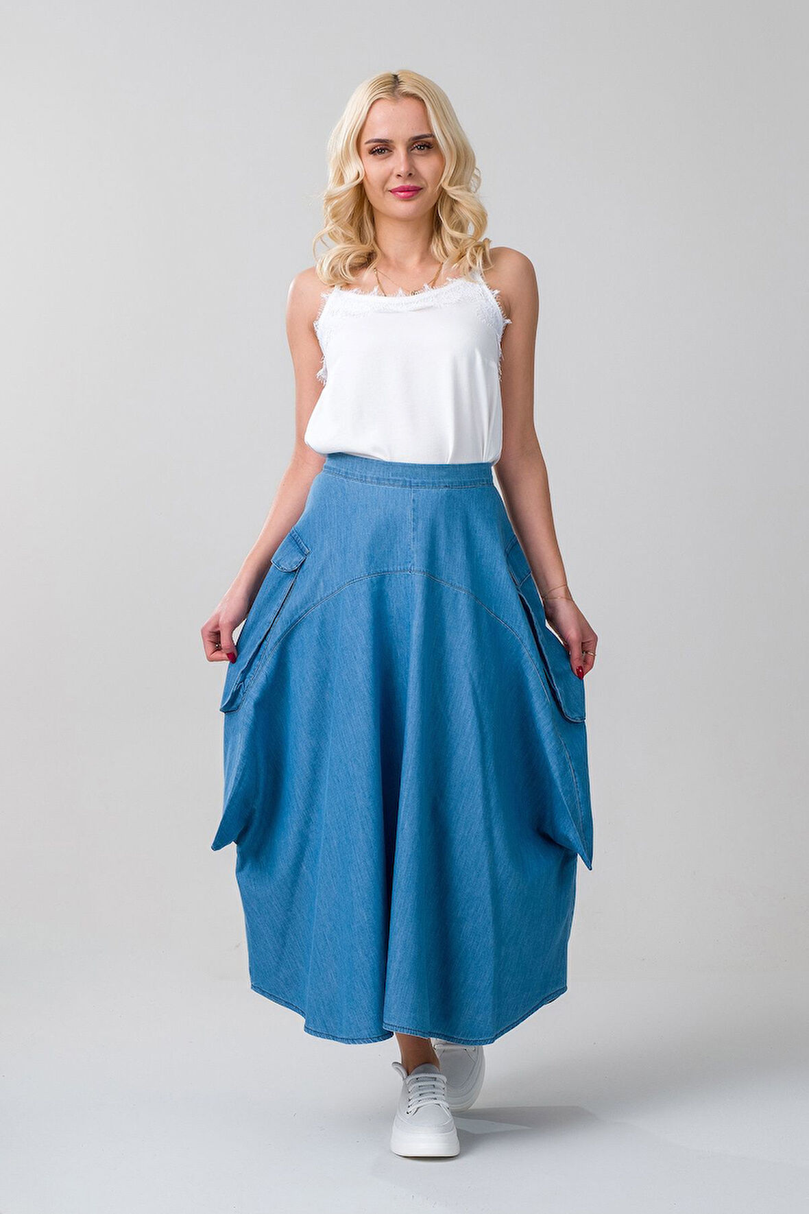 Bold & Young Kadın  Kargo Cepli  Pervazlı Gizli Fermuarlı Pamuklu Kumaş Etek