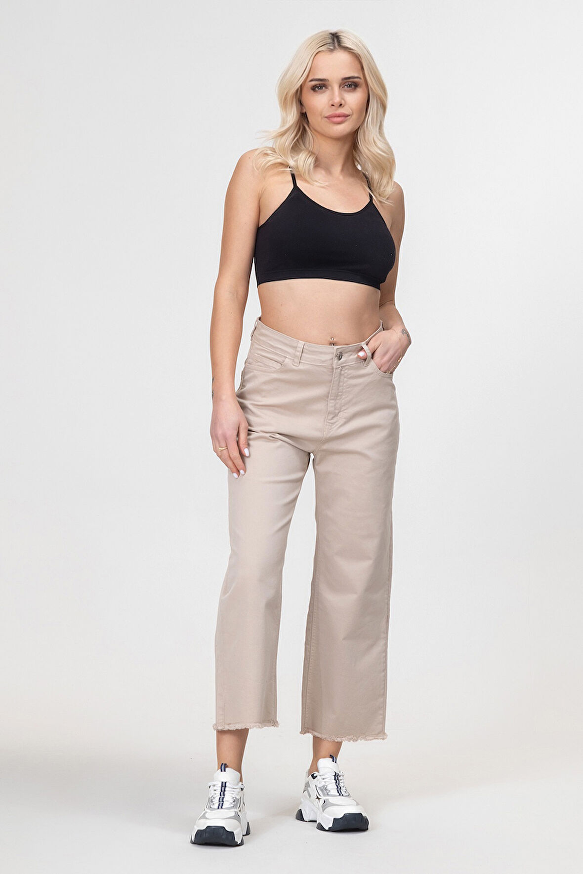 Kadın Bol Paça Beş Cepli Paça Saçaklı Likralı Pamuklu Pantolon