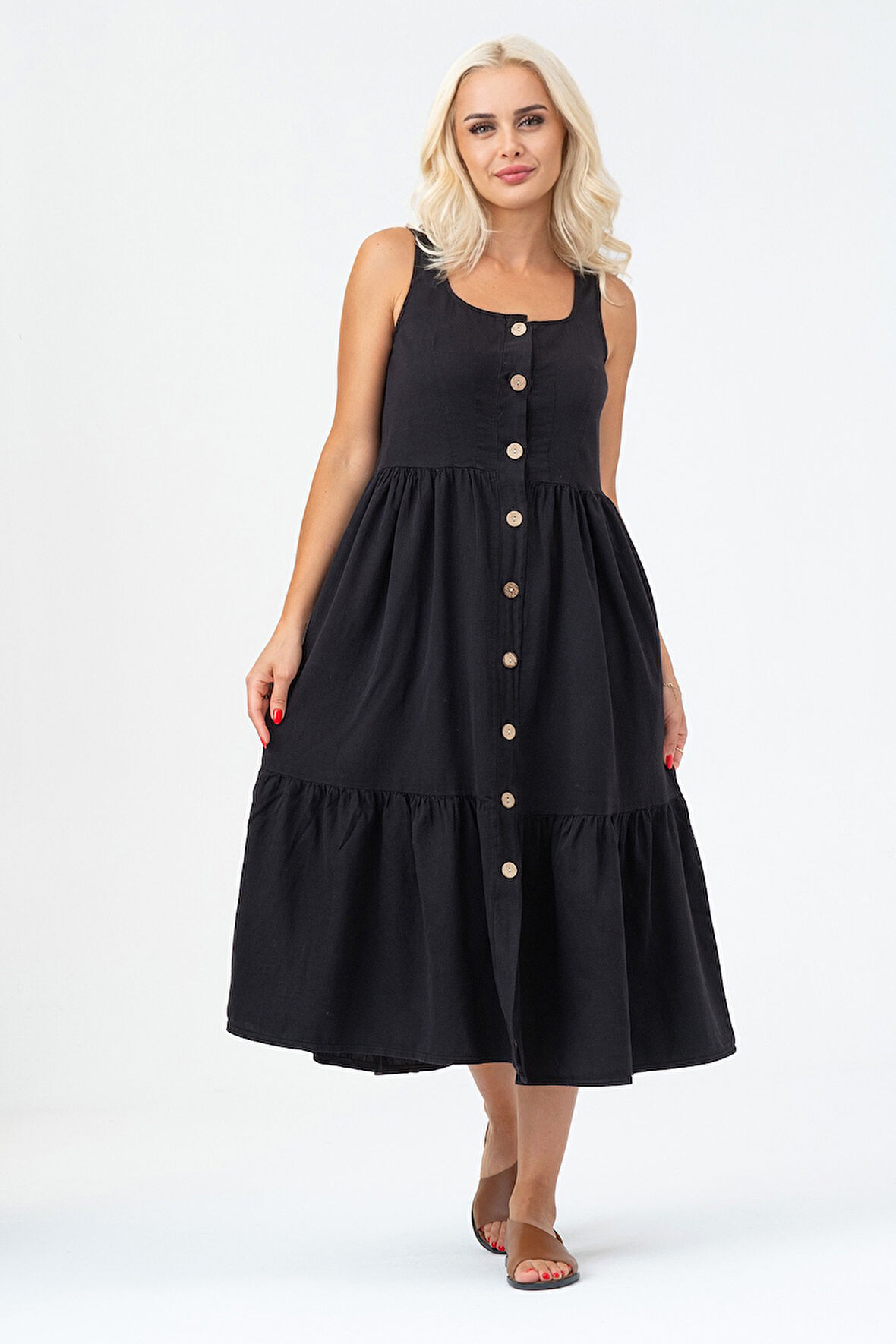 Bold & Young Kadın Cepli Büzgülü Askılı Kare Yaka Düğmeli Elbise