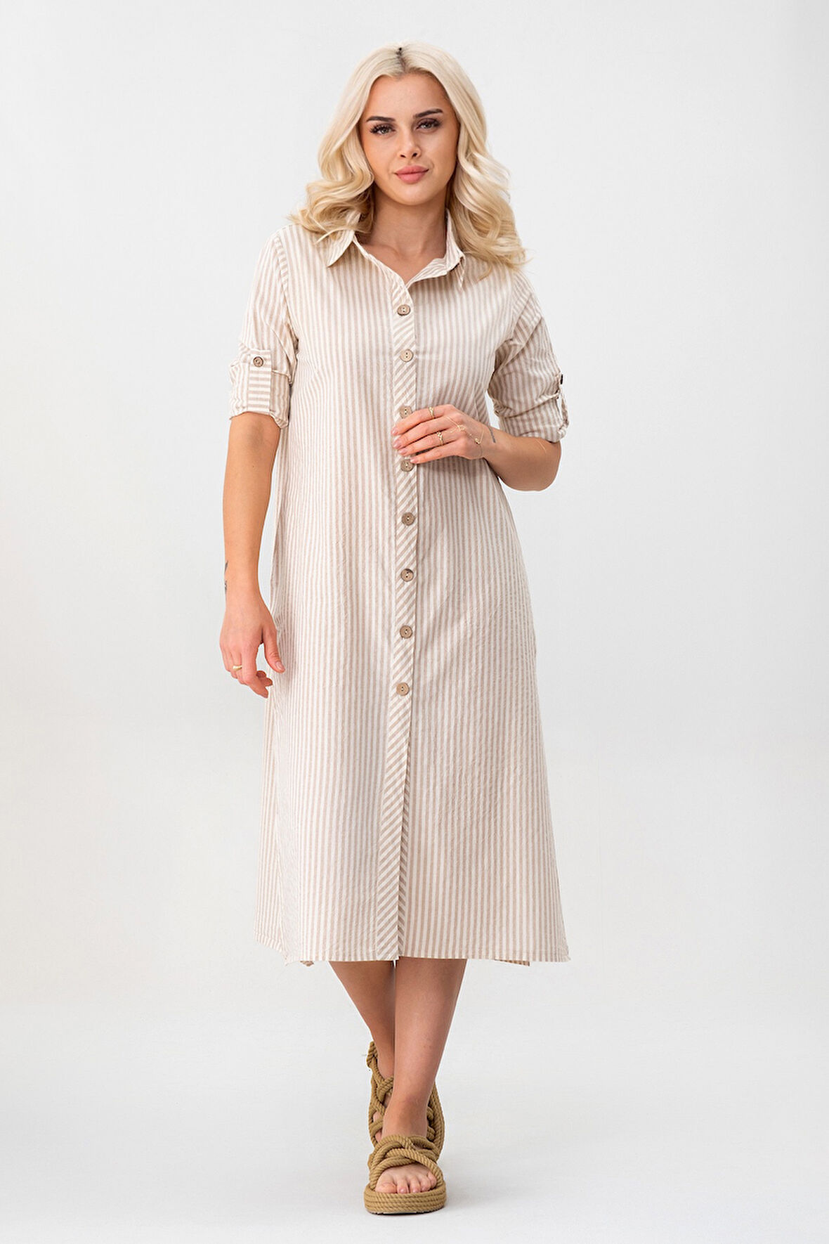 BOLD & YOUNG Kadın Cepli Çizgili Pamuklu Düğmeli Yırtmaçlı Gömlek Elbise